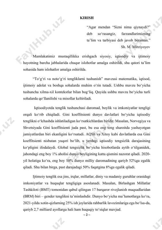 rning 25% ish joylarida rahbarlik lavozimlariga ega bo‘lsa-da, qariyb 2,7 milliard ayollarga hali ham huquqiy to‘siqlar mavjud. ta’lim sohasida tenglik mukammal imkoniyatlarni ta’minlash va har bir o‘quvchiga teng ta’lim olish imkoniyatlarini yaratishni o‘z ichiga oladi. 2018-yilgi pisa tadqiqotlari ko‘rsatkichlarida ko‘riladiki, finlandiya kabi mamlakatlarda ta’lim olishdagi tenglik juda yuqori baholangan. boshqa tarafdan, ko‘plab rivojlanayotgan davlatlarda ta’lim olish imkoniyatlari ijtimoiy va iqtisodiy farqlar sababli turlicha bo‘lib turadi. tenglik masalalari shuningdek qonun-qoidalar va huquqiy tizimlarda ham muhim rol o‘ynaydi. adliya tizimi, jinoiy adliya, fuqarolik huquqlari barcha millat, jins va ijtimoiy guruhlar uchun qo‘llaniladigan teng shartlar asosida ishlashi kerak. misol uchun, amerika qo‘shma shtatlarida va boshqa ko‘plab mamlakatlarda huquqiy islohotlar ijtimoiy va iqtisodiy tenglikni yaxshilashga qaratilgan turli loyihalarni amalga oshirish bilan bog‘liq. 2022 yil 28-yanvar kuni prezidentimiz shavkat mirziyoyev raisligida maktab ta’limini rivojlantirish masalalari yuzasidan o‘tkazilgan videoselektor yig‘ilishida, ta’lim – tarbiya –bu bizning kelajagimiz, hayot-mamot masalasi. shu bois, bu sohadagi islohotlarni kechiktirishga haqqimiz yo‘q. …