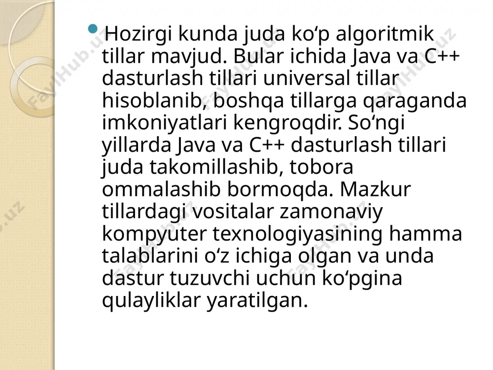 lgan. dasturlash tillarida identifikator tushunchasi mavjud bo‘lib, dasturda obyektlarni nomlash uchun ishlatiladi. o‘zgarmaslarni, 9 o‘zgaruvchilarni, belgi (metka), protsedura va funksiyalarni belgilashda ishlatiladigan nom identifikatorlar deyiladi. identifikatorlar lotin alfaviti harflaridan boshlanib, qolgan belgilari harf yoki raqamlar ketmaketligidan tashkil topgan bo'lishi mumkin. masalan: axc, alfa 7 ansi-iso (ansi x3j16; iso wg21/n0836) birlashmasi 1989 yilda, birlashga holda ish boshladi. bu korxonaning dastlabki ishi c++ dasturlash tiliga va uning kutubxonasiga standart ishlab chiqishdan boshlandi. buning uchun 1990 yildagi c++ tili asos qilib olindi. 1990 yilda c++ standarti ishlab chiqildi va bu standart hozir ansi c nomi bilan mashxur. bu til juda kengayib ketdi va hozirgi kunda bu tilning hamma detallarini biladigan dasturchi bo'lmasa kerak. 1993 yilda bu til ommaga taqdim etildi va c++ nomini oldi. dastlabki c++ ga oid kitob "the c++ programming language(addison-wesley, 1985)" nomi bilan mashhur bo'ldi va bu kitob 1991 yil "язык программирование c++" tarjimasi bilan rus tiliga tarjima qilindi va …