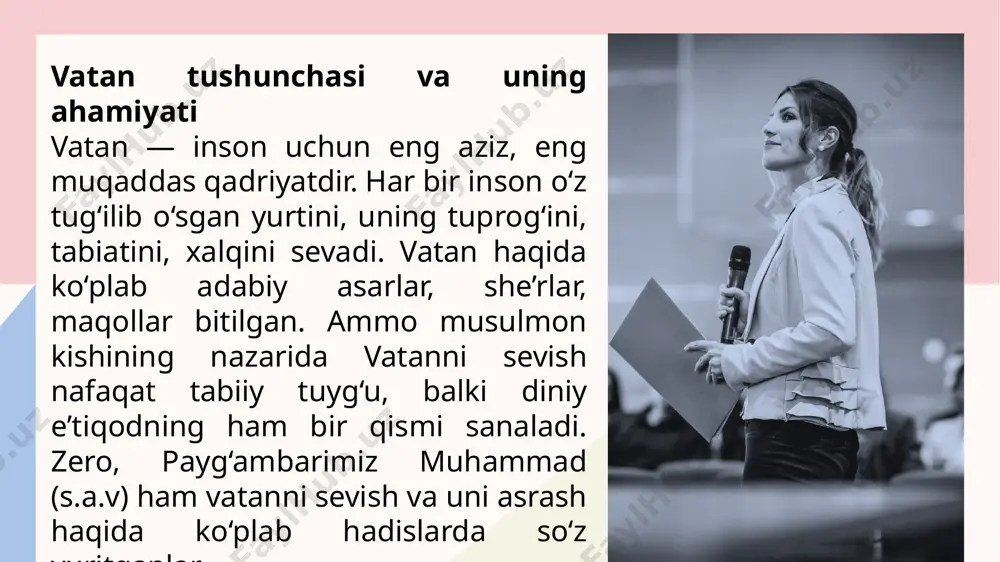 g‘usi shakllanadi. atanni sevish musulmon uchun faqat insoniy tuyg‘u emas, balki iymonning belgisi hamdir. rasululloh (s.a.v) ning hadislaridan o‘rgangan holda biz ham vatanimizni sevishimiz, uni asrashimiz, himoya qilishimiz va obodonlashtirishimiz lozim. image13.jpg image1.png image2.svg image3.png image4.svg image5.png image6.svg image7.png image8.svg image9.png image10.svg .msftofcthm_accent1_fill_v2 { fill:#f5cdce; } .msftofcthm_accent3_fill_v2 { fill:#aac3e8; } .msftofcthm_background1_stroke_v2 { stroke:#fdfaf6; } .msftofcthm_accent4_fill_v2 { fill:#d2d592; } .msftofcthm_accent3_stroke_v2 { stroke:#aac3e8; } /docprops/thumbnail.jpeg
