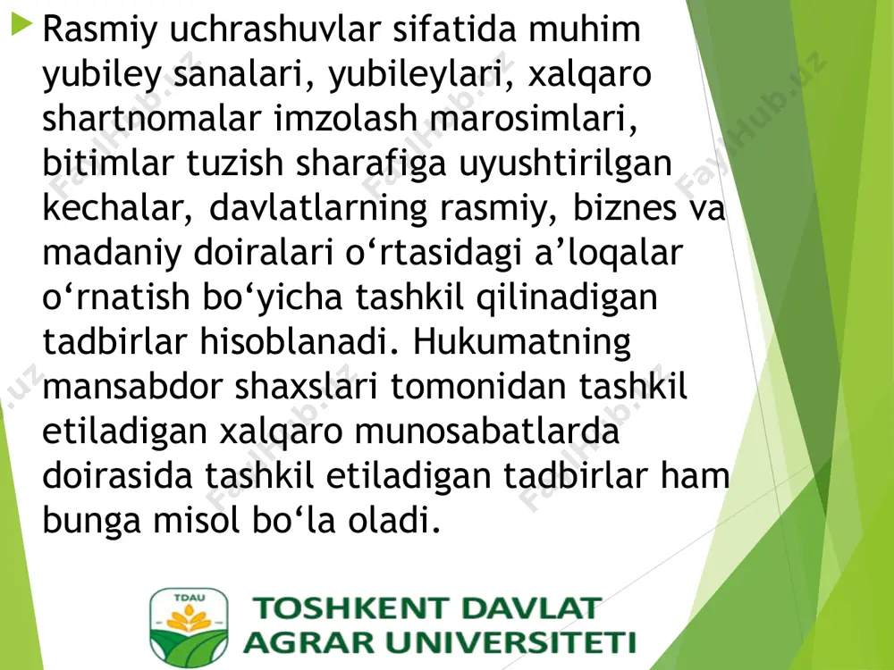 alning kirish va chiqish quvvati; zalning mavjudligi (binoning rejasi qanchalik murakkab); xona bo‘ylab harakatlanish qulayligi, unga kirish yoki erkin kirish tizimi; tanlangan saytdan qo‘shimcha xizmatning mavjudligi; oziq-ovqat mahsulotlarini tashkil qilish uchun ovqatlanish restoran xizmatlari; biznes markazining xizmatlari (masalan, agar siz zudlik bilan faks jo‘natishingiz, foto yoki internet foydalanishingiz kerak bo‘lsa). taqdimotning davomida konferensiya rejasining inglizcha na’munasi bilan tanishish mumkin. ishning umumiy natijalarini umumlashtirib, shuni ta’kidlash kerakki, turli sababalarga ko‘ra tashkil etilgan bir nechta ommaviy tadbirlar mavjud. ommaviy tadbirlarni aniq tayyorlash va tashkil etish va mukammal xizmat ko‘rsatish ushbu tadbirlarni yuqori darajada o‘tkazish imkonini beradi. e-mail: shoxjahon.jalilov@mail.ru tel: +998942919339 +998332919339 e‘tiboringiz uchun rahmat!