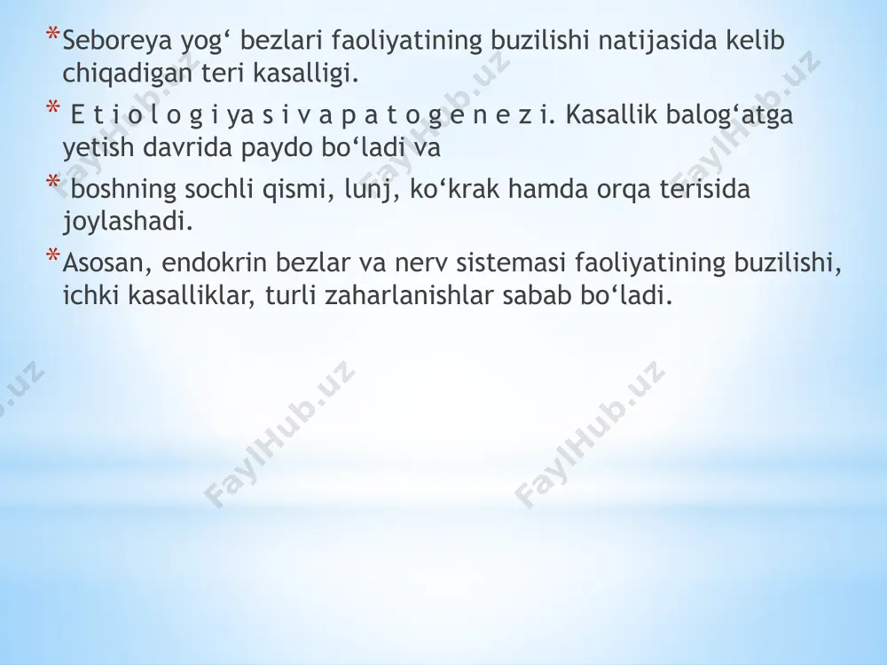ham birdek, ko‘pincha 40 yoshdan oshgan ayollarda uchraydi. pushti husnbuzar paydo bo‘lishida bemordagi boshqa somatik kasalliklar: me’da-ichak faoliyatining buzilishi (gipo yoki anatsid gastrit, kolit), shuningdek, klimaks, vegetativ nevrozlar, dismenoreya va kasbga oid zararli omillarning ta’siri bor. demodex folliculorum hisobiga patologik jarayon tezda boshlanishi yoki uzoq vaqt (davo choralariga qaramasdan) saqlanib turishi mumkin. morfologik elementlarning o‘zgarishiga qarab kasallikning to‘rtta shakli (bosqichi) tafovut qilinadi: a). rosacea erythematosa – o‘zgarmas giperemiya, terining qalinlashishi va teleangioektaziya kuzatiladi; b) rosacea ‘a’ulosa – qizil rangli yuza husnbuzarsimon follikulyar papulalar chiqadi, komedonlar bo‘lmaydi; v) rosacea pustulosa – markazida yiringli nekrotik o‘zgarish bilan kechadigan pustulalar paydo bo‘ladi; g) rosacea fibroangiectatica (seu, rosacea hy’ertro’hica) yallig‘lanish jarayonining uzoq davom etishi oqibatida teridagi venulalarda qon aylanish qiyinlashadi, burun terisi dag‘al tortib shishadi, burun ustida, yuzda qizg‘ish-ko‘kimtir rangli eritema (dog‘) paydo bo‘ladi. pustulalar, teleangioektaziya va chandiqlar kuzatiladi. davosi achchiq, sho‘r yoki haddan ziyod issiq ovqatlar iste’mol qilmaslik tavsiya etiladi; spirtli ichimliklar ichmaslik, …