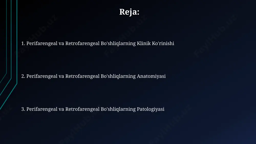 tomiyasi retrofarengeal bo'shliq esa prevertebral va vertebral fassiyalar oralig'ida joylashgan bo'lib, uning kengligi odatda 2-4 mm ni tashkil etadi. perifarengeal bo'shliq 2 ta fassiyadan: bukkal va prevertebral fassiyalardan hosil bo'lib, uning ichida ichki karotid arteriya, ichki jugular vena va vagus nervi joylashgan. ushbu bo'shliqlarning tarkibiy elementlari perifarengeal bo'shliq, bu mushaklarning uchta qatlami bilan o'ralgan holda, uchta asosiy komponentga ega: medial pterygoid, stylohyoid va parotida. retrofarengeal bo'shliqda, xususan, vertebral ustun oldida joylashgan 2 ta asosiy bo'limni va ular orasida joylashgan bo'ylama limfa to'qimasini ta'kidlash mumkin. perifarengeal va retrofarengeal abseslar perifarenjeal absesslarni davolashda jarrohlik aralashuv, drenajlash va antibiotiklar terapiyasi muhim ahamiyatga ega bo'lib, taxminan 80% hollarda muvaffaqiyatli natijalarga olib keladi, lekin kechiktirilgan davolanish jiddiy asoratlarga olib kelishi mumkin. retrofarenjeal absesslar, odatda, 3-5 yoshli bolalarda uchraydi va ko'pincha staphylococcus aureus va streptococcus pyogenes kabi bakteriyalar tomonidan keltirib chiqariladi, og'ir nafas olish qiyinchiliklariga olib kelishi mumkin. retrofarengeal bo'shliqning chegaralari унинг медиал чегараси фаринкснинг орқа …