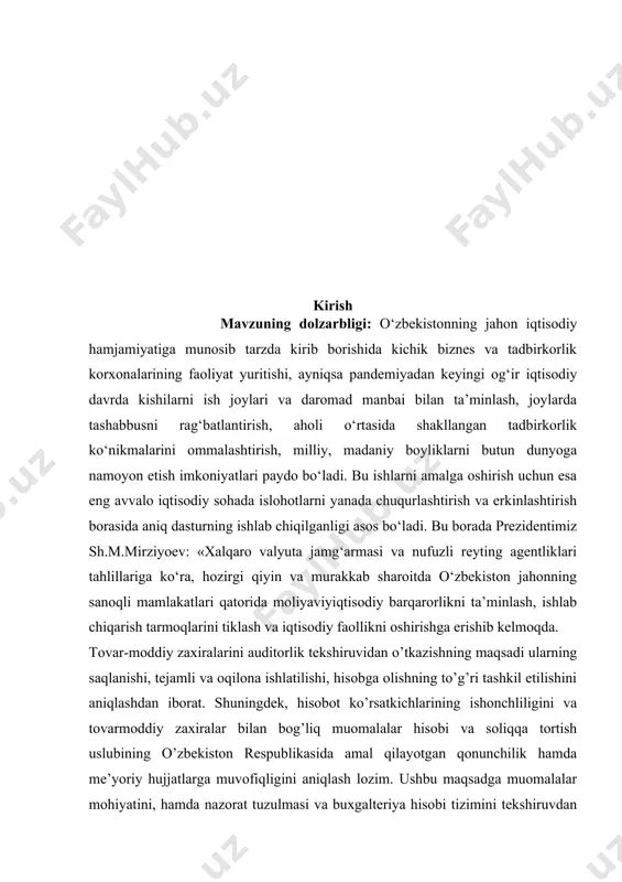 lablarini buzganligi sababli auditorlik tashkilotlari reestridan chiqarilgan auditorlik tashkilotini ilgari boshqargan auditor uch yil mobaynida boshqa auditorlik tashkiloti rahbari bo'lishi mumkin emasligi qat'iy belgilab qo'yilgan. kurs ishining maqsad va vazifalari: ishlab chiqarish zaxiralarining auditi haqidagi malumotlarni umumlashtirish va qisqacha tavsiflash. ishlab chiqarish zaxiralarining auditini o'tkazish tartibi va ketmaketligi va ishlab chiqarish zaxiralari auditini takomillashtirish masalalarini chuqur tahlil qilish. kurs ishi ob’yekti va predmeti: ishlab chiqarish zaxiralarining butligini tekshirish. ishlab chiqarish zaxiralarining auditini maqsadi, vazifalari. ishlab chiqarish zaxiralari auditini takomillashtirish kurs ishning tadqiqot uslubi va uslubiyoti: ilmiy ommabop manbalardan to’plangan ma’lumotlar tahlil qilib,xulosa va takliflar qilish. kurs ishi tuzilishi: bajarilgan kurs ishi kirish qismi, asosiy qism va qilingan xulosalardan iborat. ishda o’rganilishi e’tiborga olingan ma’lumotlar tushunarli ravishda ifodalash uchun chizma jadvallar va rasmlar berildi.ishga qo’yilgan maqsadga erishishi uchun to’plangan adabiyotlar manbalarning nomlari va elektron manzillari keltirildi. 1.ishlab chiqarish zaxiralarining auditini maqsadi, vazifalari hamda axborot manbalari sub'еktlar ishlab chiqarish faoliyatlarini amalga oshirish …