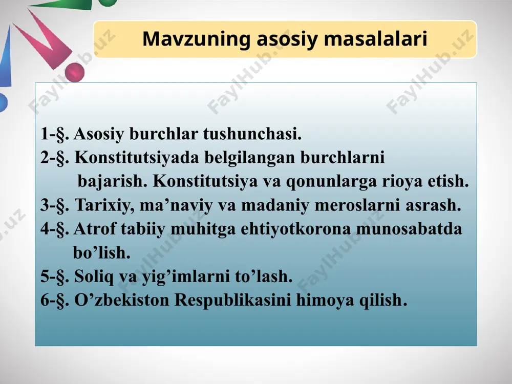 ing g‘ay riqonuniy xatti-harakatlari ustidan sudga shikoyat qilish huquqi kafolatlanadi. 44-modda. fuqarolar o‘zbekiston xalqining tarixiy, ma’naviy va madaniy merosini avaylab asrashga majburdirlar. madaniyat yodgorliklari davlat muhofazasidadir. 49-modda. o‘zbekiston respublikasi «madaniy meros ob’ektlarini muhofaza qilish va ulardan foydalanish to‘g‘risida»gi, “madaniy boyliklarning olib chiqilishi va olib kirilishi to’g’risida”gi va «arxeologiya merosi ob’ektlarini muhofaza qilish va ulardan foydalanish to‘g‘risida»gi qonunlari, o‘zbekiston respublikasi jinoyat kodeksining 132-moddasi, ma’muriy javobgarlik to‘g‘risidagi kodeksining 46-moddasi. bugungi kunda inson hayoti uchun tabiatni yo‘q qilish, havo, yer va suvni ifloslantirishdan ko‘ra katta xavf-xatar yo‘q. tabiatni qutqarar ekanmiz, biz o‘z-o‘zimizni halokatdan xalos etamiz. fuqarolar atrof tabiiy muhitga ehtiyotkorona munosabatda bo‘lishga majburdirlar. 50-modda. o’zbekiston respublikasining “suv va suvdan foydalanish to’g’risida”gi, “muhofaza etiladigan tabiiy hududlar to’g’risida”gi, “er osti boyliklari to’g’risida”gi, “o’simlik dunyosini muhofaza qilish to’g’risida”gi, “atmosfera dunyosini muhofaza qilish to’g’risida”gi, “o’rmon to’g’risida”gi qonunlar hamda er kodeksi va boshqa huquqiy hujjatlar tabiatni, atrofmuhitni muhofaza qilishni nazarda tutadi. atrof-muhitga taalluqli qonunlar miqdori ko’pligining o’zi (bular …