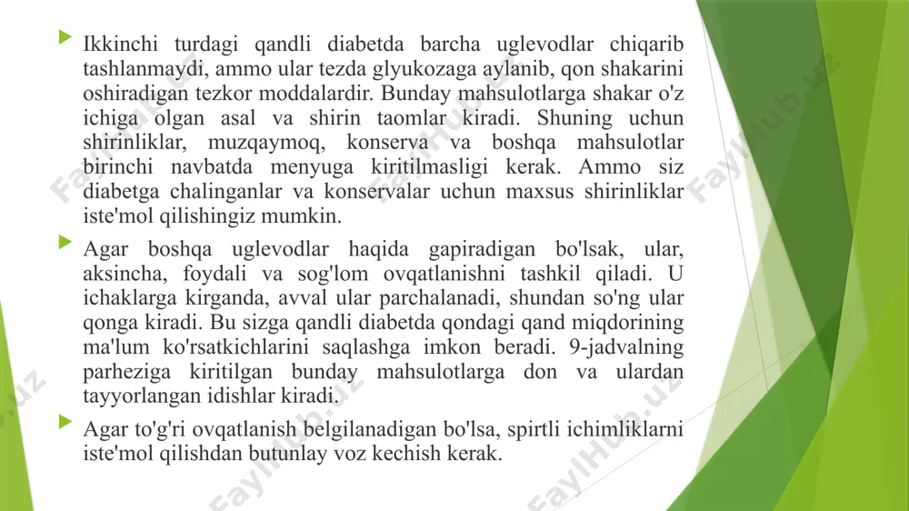 , shirinliklar. yog'li bulon, guruch, irmik yoki noodle qo'shilgan sutli sho'rva. go'sht, parrandachilik va baliqning yog'li turlari, füme va quritilgan kolbasa, hayvonlarning yog'i va yopiq yog'lar. siz menyuga tuzlangan, dudlangan baliq, sariyog ', konservalangan baliq, qora va qizil ikra qo'sha olmaysiz. menyudan sho'r va baharatlı pishloq, qaymoq, tvorog, shirin yogurt, yog'li smetana chiqarib tashlash kerak. siz tuzlangan va tuzlangan sabzavotlarni, karam, quritilgan o'rik, uzum, banan, anjir va xurmolarni iste'mol qila olmaysiz. menyuni tayyorlashda guruch, irmik, makaron bilan taomlarni istisno qilish kerak. spirtli ichimliklar bilan bir qatorda, do'konda sotib olingan sharbatlar yoki boshqa shirin ichimliklarni iste'mol qilishga yo'l qo'yilmaydi. zaif choy yoki mineral suv bilan chanqog'ingizni qondirish yaxshidir. har haftada sut, arpa kofesi, atirgul bulyoni, yangi sabzavot va mevalardan sharbat va parhez ovqatlanish uchun barcha turdagi ichimliklar bilan choy ichish tavsiya etiladi e’tiboringiz uchun raxmat image1.jpeg image2.jpeg image3.jpeg /docprops/thumbnail.jpeg
