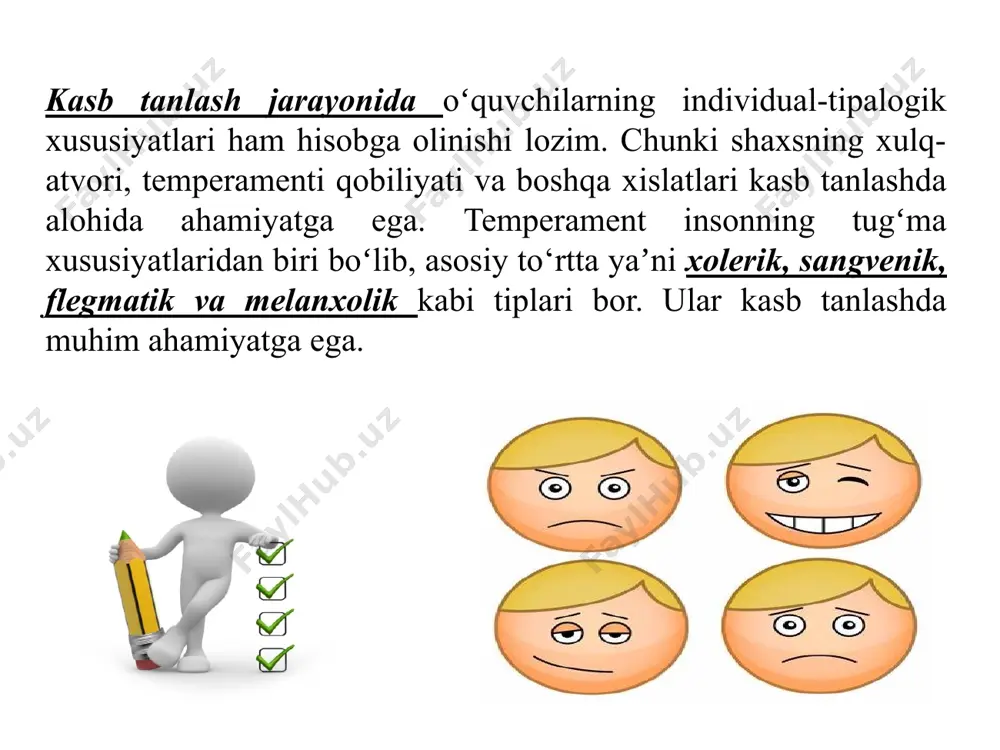 ncha aloqa bilan bogʻliq kasblarni tanlaydilar - xizmat koʻrsatish sohasi, huquq, siyosat, maʼmuriyat. ushbu temperament vakillari quyidagi kasblardan birini egallashlari mumkin: oʻqituvchi. sinovchi. aktyor. rejissyor. jurnalist. xirurg. quruvchi. uchuvchi. diplomat. flegmatik temperamentli odamlar sekin va muvozanatli. ular, qoida tariqasida, boshlangan biznesni oxirigacha olib kelishadi. ularning his-tuygʻulari chuqur, lekin qiziquvchan koʻzlardan yashiringan. flegmatik odamlar oʻzlaridan chiqib ketish qiyin. flegmatik temperamentli odam uchun oʻzini tuta bilish, xotirjamlik, xotirjamlikni rivojlantirish oson. ammo flegmatik odam oʻziga yetishmayotgan fazilatlarni rivojlantirishi kerak. harakatchanlik, faollik, unga maʼlum sharoitlarda juda oson shakllanishi mumkin boʻlgan faoliyatga, letargiyaga, inersiyaga befarqlik koʻrsatishiga yoʻl qoʻymaslik. flegmatik odamlarda tizimli ishlashga moyillik, qoʻyilgan vazifaga diqqatni jamlash qobiliyati, oʻychanlik – olim, tadqiqotchining zarur kasbiy fazilatlari mavjud. ushbu temperament vakillari quyidagi kasblardan birini egallashlari mumkin: injener mexanik elektrik matematik fizik ximik biolog bugalter astronom flegmatik rassom tikuvchi toʻquvchi yozuvchi bugalter agranom avtomobillar ustasi melanxolik melanxolik temperamentli odamda his-tuygʻular va hissiy holatlar chuqurligi, katta kuchi va davomiyligi …