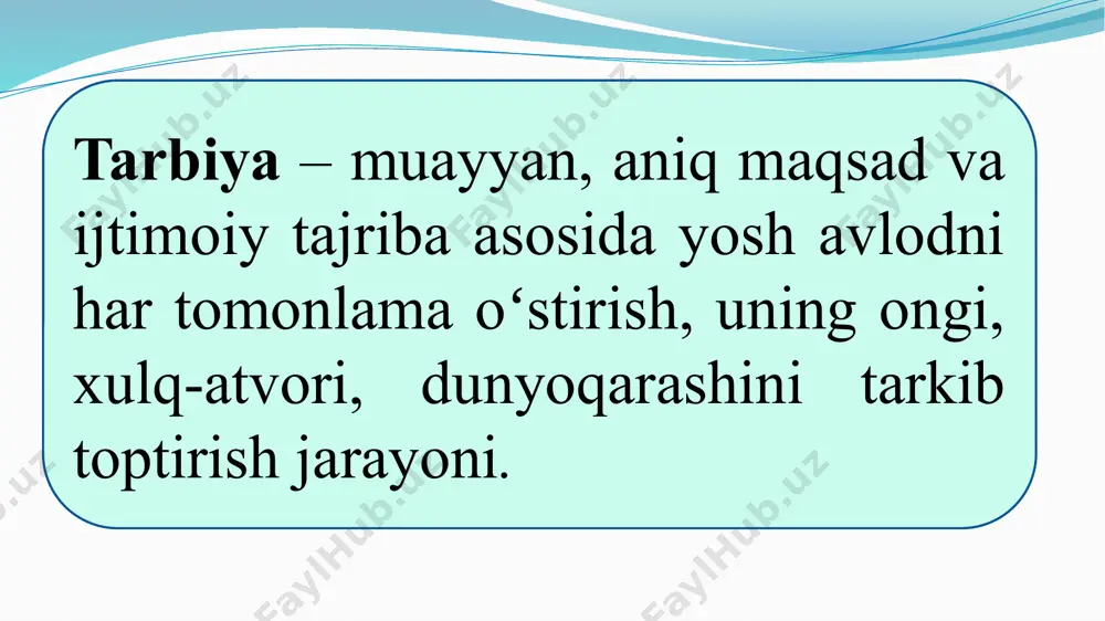 ongi, irodasi, tuyg’ulari va хulqiga ta’sir etish usullari yig’indisidir. shaxs ongini shakllantirish (ishontirish) metodlariga quyidagilar kiradi: hikoya, tushuntirish, izohlash, ma'ruza, etik suhbat, nasihat, o'git, ko'rsatma, munozara, namuna. e’tiboringiz uchun rahmat! image2.jpeg /docprops/thumbnail.jpeg