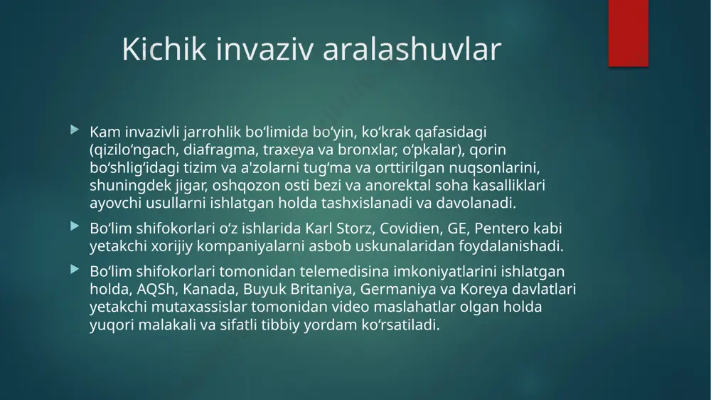 ik bilan bir vaqtda davolansa, bunday davo naf keltirishi mumkin. yiringni chiqarib yuborish, gipoksiyani bartaraf etish va o'pka ishini to‘g‘rilash zarur. ayni paytda dezintoksikatsiya qiluvchi terapiya o‘tkaziladi, yurak dorilari, vitaminlar, qon va qon o'mini bosuvchilar quyish qoilaniladi. yiringli plevrit yopiq konservativ metod bilan davolanganda plevra qayta punksiya qilinib, yiring va havo (piopnevm otoraks holatida) chiqarib yuboriladi, plevra bo‘shlig‘i antiseptik eritmalar bilan tozalanib, unga antibiotiklar yuboriladi va shu bilan jarayon avj olishining oldi olinadi. . levra bo‘shlig‘i punksiya qilingandan so'ng bemorning ahvoli yaxshilanmasa yiring qaytadan yig‘ilsa yoki yiring yig‘ilishi nafas olish yo'llari orqali tashqi muhit bilan aloqada davom etsa, yopiq jarrohlik m etodi tavsiya etiladi. bunda drenaj plevra bo‘shlig‘iga qovurg'alar orasidan (yoki kesilgan qovurg‘a o‘rni orqali) kiritiladi va drenajning tashqi uchi yiringni muttasil faol surib turuvchi apparat (uch ampulali suruvchi apparat, tizillatib suv otadigan nasos va b.) bilan tutashtiriladi. ahvol ancha og‘irlashganda avval torakoskiopik tekshirish va ochiq jarrohlik usuli - torakotomiya …