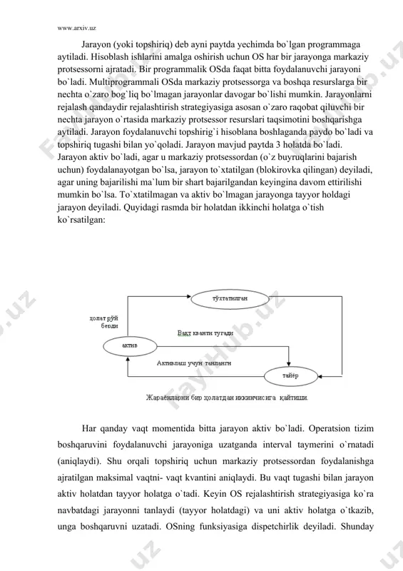 n to`xtash holatiga o`tkaziladi va qandaydir boshqa jarayon aktivlashadi. kutilgan holat yuzaga kelganda to`xtatilgan jarayon aktivlashishiga da`vogar bo`lishi mumkin. bir jarayon tugaguncha bir necha marta aktiv-to`xtatilgan-tayyor holatlarda bo`lishi mumkin. bu holatlar hisoblash natijasiga ta`sir qilmasligi uchun uning holati saqlab qolinishi kerak. osda har bir jarayonning holati jarayon holati blokida (psb) saqlanadi. unda jarayon qaysi holatda bo`lganligi, mashina registrlarini saqlash adresi va boshqa ma`lumotlar saqlanadi (pc va sw qiymatlari). psb uchun zarur ma`lumotlarni ot quyidagilardan olishi mumkin: vaqt kvanti bo`yicha ma`lumotni taymer bo`yicha uzilish sohasidan; boshqaruv uzatilgan jarayon haqidagi ma`lumotni sw uzilish sohasidan oladi. dispetchirlikda foydalniladigan algoritmning umumiy ko`rinishi : procedure dispatch; aktiv jarayon psbsi yangilansin (aktiv jarayon bo`lsa); navbatdagi tayyor jarayon tanlansin va unga boshqaruv uzatilsin; if taymer jarayon topilgan bo`lsa then begin tanlangan jarayon aktiv deb belgilansin; sti buyrug`i bilan vaqt kvanti o`rnatilsin; lps buyrug`i bilan tanlangan jarayonga boshqaruv uzatilsin; end else lps buyrug`i bilan markaziy protsessor bo`sh holatiga …