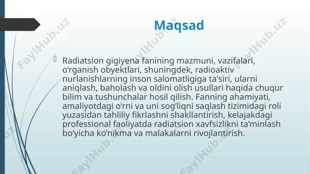 ligi; z - atom raqami. atom tuzilishi atom yadrosi tuzilishi: . protonlar + neytronlar = nukleonlar; . z — musbat zaryadli protonlar (1,6 io"19 c); . neytronlar — elektr zaryadiga ega emas (elektroneytral); nukleonlar miqdori davriy jadvaldagi element raqamiga va uning atom ogirligiga teng. bir xil tartib raqamiga ega, ammo og‘irligi turlicha boigan radionukleidlar izotoplar deb ataladi. izotoplarning parchalanishi nurlanish ajralib chiqishi bilan birga kechadi. izotoplar — aynan bitta elementning atomlari boiib, ularda protonlar soni bir xil, ammo neytronlar soni turlicha boiadi. izotoplar bir xil kimyoviy tarkibga ega, biroq yadro xususiyatlari (barqarorligi va ogirligi) salmoqli farqlanadi. radioaktiv parchalanish - bu atom yadrosidan juda katta tezlikda atrof-muhitga tarqaladigan “elementar” zarrachalar (atomli va subatomli) boiib, odatda ularni radioaktiv zarrachalar yoki radioaktiv nurlanishlar deb atash qabul qilingan. bunda deyarli hamma holatlarda ham bir kimyoviy elementning atom yadrosi (demak atomning o‘zi), boshqa kimyoviy elementning atom yadrosiga aylanib qoladi; yoki bir kimyoviy elementning bitta izotopi …