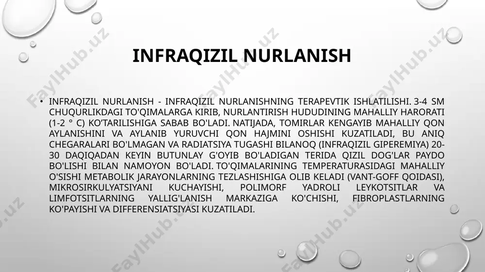 igan nurlardan terapevtik foydalanish. teri har xil xromatofor molekulalari tomonidan nurlarning yutilishi hujayra membranalarida struktur o’zgarishlarga, shu jumladan qizil qon hujayralari tarkibida, mikrovaskulyar tomirlardagi tarkibiy o'zgarishlar, ularning reologik va transport xususiyatlarini yaxshilashga, shuningdek, qon oqimining oshishiga, qon qovushqoqligi kamayishiga olib keladi. mikrokirkulyatsiyaning yaxshilanishi va leykotsitlar va limfotsitlar ning yallig'lanish markaziga migratsiyasi zararlangan to'qimalarning regeneratsiyasi va reparatsiyasini tezlashtiradi, immunogenez va teri metabolizmini faollashtiradi. qutblangan yorug'lik ta'sirida qilish qizil qon hujayralarining antioksidant tizimi faollashadi. endorfin va enkefalinlarning tarqalishini stimulyatsiya qilish og'riq retseptorlari sezgirligini va mushaklarning spazmini yengillashtirishga olib keladi. bunday radiatsiya ichki organlarga vagotonik ta'sirini kuchaytiradi, periferik tomirlarning tonusini pasaytiradi va venoz oqimni oshiradi. davo samarasi. reparativ-regenerativ, yallig'lanishga qarshi, vazodilyatator, limfa oqimini yaxshilovchi, analgetik, immunomodulyator, lipolitik, og’riq kamaytiruvchi (periferik xromoterapiya). ko'rsatmalar. neyropatiyalar, shikastlanishlar, operatsiyadan keyingi va posttravmatik jarohatlar, kuyishlar, trofik yaralar, yotoq yaralar, diabetik tovon, turli genezli bo’g’im kasalliklari, nafas olish tizimi va lor organlari kasalliklari, periodont, teri kasalliklari. qo'llash mumkin bo'lmagan …