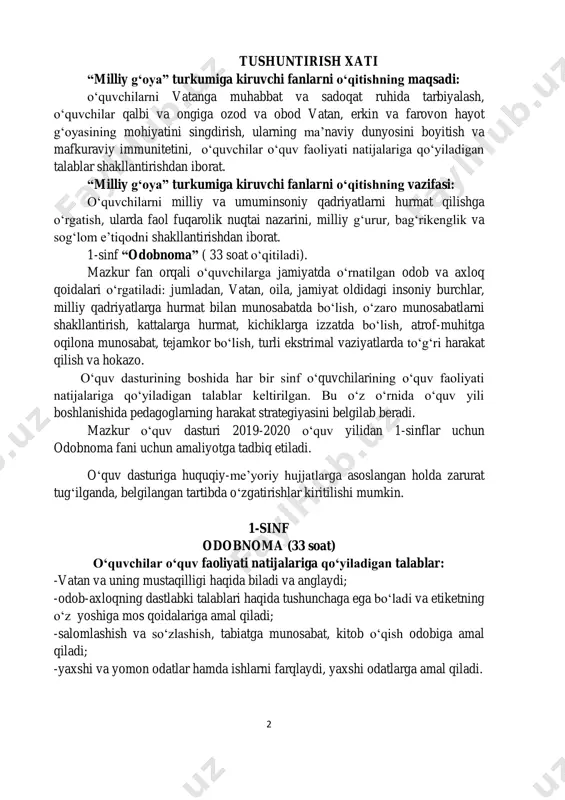 etiketning o‘z yoshiga mos qoidalariga amal qiladi; -salomlashish va so‘zlashish, tabiatga munosabat, kitob o‘qish odobiga amal qiladi; -yaxshi va yomon odatlar hamda ishlarni farqlaydi, yaxshi odatlarga amal qiladi. 3 i bob. o‘zbekiston-ozod va obod vatan (2 soat) 1-sentabr-mustaqillik kuni. 1- sentabr – mustaqillik kuni yurtimizda umumxalq bayrami sifatida keng nishonlanishi. vatan timsollari haqida rasmlar. davlat bayrog‘i haqida she’r. bobolardan meros yurt. qadimiy shaharlarimiz aks etgan rasmlar. mamlakatimizda amalga oshirilayotgan bunyodkorlik ishlari tasvirlangan rasmlar.vatan haqida she’r. ii bob. odob inson uchun ziynat (15 soat) odob-axloq me’yorlarining dastlabki talablari. odob tushunchasi. biz qanday insonlarni odobli deymiz? hayotimizda kerak bo‘ladigan odob-axloq qoidalari haqida. odobli bola elga manzur. sehrli so‘zlar haqida tushuncha. turli sharoitlarda o‘zini munosib tuta olish odobi. kattaga hurmatda, kichikka izzatda bo‘lish haqidagi rasmlar. salomlashish odobi. salomlashishning ma’nosi va maqsadi. salomlashish etiketning muhim belgisi. respublikamizda istiqomat qilayotgan millatlarning salomlashish qoidalaridan namunalar keltirish. salomlashish qoidalari. salomlashishning qoidalari va xatti-harakatlari. (birinchi bo‘lib salom berish, …