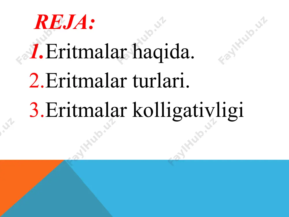 igi deb ham atashadi. eritmalar eruvchanlik deb ataladigan sifatga ega, bu ma'lum miqdordagi erituvchida eritilishi mumkin bo'lgan eritmaning maksimal miqdori. eritmalarning konsentratsiyasi bo'yicha tasnifi mavjud bo'lib, ularni empirik eritmalar va titrlangan eritmalarga ajratadi. titrlangan eritmalar deb titrlangan eritmalarni foiz, molyar, molyar va normal sifatida kuzatib, ularning har biri o'z o'lchov birliklari qatoriga qarab, erigan moddalar va erituvchilarning miqdoriy miqdorlari o'lchanadi. - foiz qiymatlari yuzlab grammdagi eritmaning yoki mililitrdagi eritmaning foizdagi nisbati yoki umumiy eritmaning mililitri haqida gapiradi. - molyar konsentrasiyalar (yoki molyarlik) eritmaning bir litri uchun erigan mol mollari sonini ifodalaydi. - zamonaviy kimyoda ozgina ishlatiladigan molalit - bu eritilgan moddaning mollari sonini, erituvchining umumiy massasiga kilogrammga bo'linadigan birlik. - normallik - bu eritmaning umumiy hajmi orasidagi eritilgan ekvivalentlar sonini ifodalovchi o'lchov, bu erda ekvivalentlar h ionlarini ifodalashi mumkin.+ kislotalar yoki oh uchun– bazalar uchun. har qanday eruvchan eritmaning massa nisbati uchun har qanday kolitatsion xususiyat eritmaning molyar massasiga teskari …