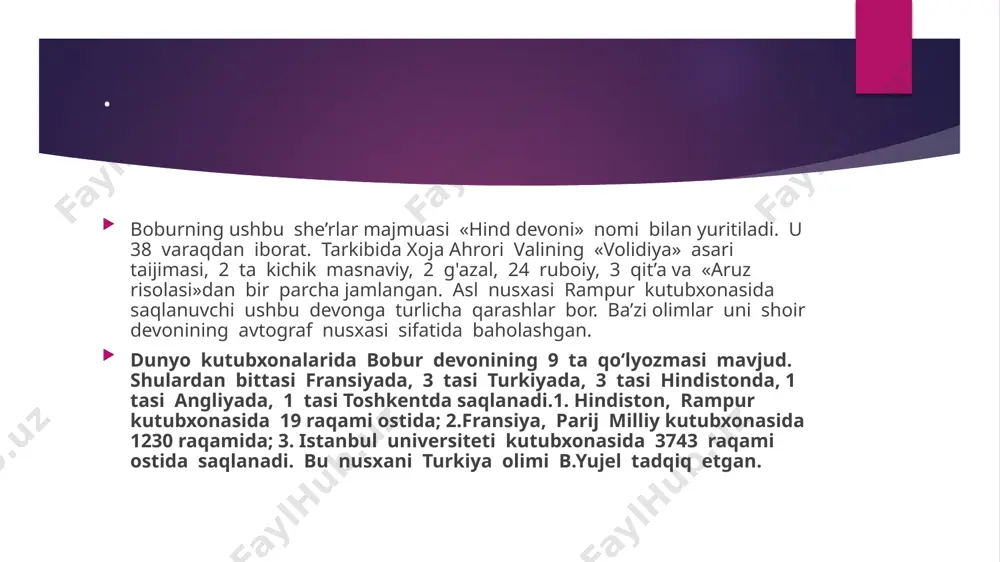 nini nashr etdi. 2002 - yil s.hasanov to­monidan to‘ldirilgan, mukammallashtirilgan nusxa chop qilindi. 2007-, 2008 - yillarda sh.yorqin afg‘onistonda nashr ettirdi. 0 ‘zbek adabiyotida p. qodirov, x. sultonov, b. boyqobilov, x.davron kabi ko‘plab ijodkorlar boburga bag'ishlab roman, qissa, doston va she’rlar yaratdilar. “boburnoma”da muallif shaxsi «boburnoma» da bosh qahramon boburning o'zi. u voqea-hodisalami bayon etar ekan, xolislikka amal qiladi. shuning uchun ham muallif timsoli ideallashtirilmagan. tasavvurimizda u hayotning butun achchiq-chuchugini, past-balandini ko‘rgan real inson sifatida namoyon bo‘ladi. asarda uning fe’l-atvori butun murakkabligi bilan o ‘z ifodasini topgan. tabiatiga xos ezgu fazilatlar, ko‘nglidagi takrorlanmas, zohir tuyg‘ular, his-hayajonlar bilan birga hukmdor sifatidagi qattiqqo‘llik va talabchanlik ham oshkora tasvirlangan.kobul yo‘lidagi mashaqqatli kunlarda, ayniqsa, bobur fe’lidagi oliyhimmatlik, adolat va kamtarlik fazilatlari yuzaga chiqadi. u navkarlar bilan barobar qor tepib yo‘l ochadi. ular bilan birga kechani qor ostida o‘tkazadi. uni issiqroq g‘or ichiga taklif qilishganda rad etadi. el chekkan mashaqqatni birga chekishni afzal biladi. navkarlari …