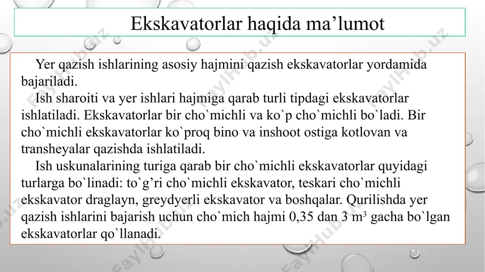 silindr, 4 kanalli quvur / shlang, 6 pin, soqol tizimi 3. q345b, q690d, weldox kabi ko'plab turli xil materiallar sizning arizangizga mos keladi. 4. katta portlash konteynerga yuklanishi mumkin bo'lgan ikkita qismga bo'linishi mumkin. 5. barcha po'lat plitalar qirralari payvandlashdan oldin payvandlash jarayonini sezilarli darajada oshiradi. 6. bir yillik kafolat 7. ba'zi qismlar, masalan, qazib olish kabi og'ir yuklarni qo'llash uchun qalinroq plastinka yoki boshqa plastinka bilan mos kelishi mumkin. 8. 2006/42 / ec evropa mashinasozlik direktivasining 12-moddasi. 9. qo'shimcha quvur liniyasi, maydalagich, bolg'a, tez ulagich va boshqalar. qo'shimcha qismlar uchun ishlatilishi mumkin. teleskopik bir cho’michli ekskavator teleskopik bir cho’michli ekskavator teleskopik bir cho’michli ekskavatorlarini qo’llab yer ishlarini bajarish nazariy ish unumdorlik miqdori quyidagi ifoda yordamida hisoblanadi: pen = 60·q·n; m3/soat. bu yerda: q - cho‘michning geometrik sig‘imi, m3; n - birlik vaqtdagi sikllar soni, daqiqa. ekskavatorning aniq shart-sharoitda bajargan ishi uning texnik unumdorligi deyiladi. bir cho‘michli ekskavatorning texnik ish …