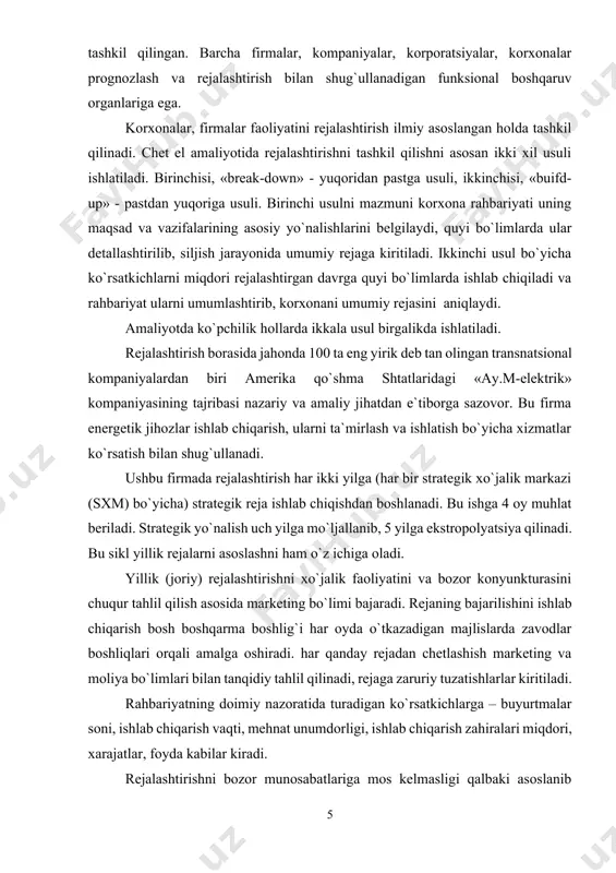 gi «ay.m-elektrik» kompaniyasining tajribasi nazariy va amaliy jihatdan e`tiborga sazovor. bu firma energetik jihozlar ishlab chiqarish, ularni ta`mirlash va ishlatish bo`yicha xizmatlar ko`rsatish bilan shug`ullanadi. ushbu firmada rejalashtirish har ikki yilga (har bir strategik xo`jalik markazi (sxm) bo`yicha) strategik reja ishlab chiqishdan boshlanadi. bu ishga 4 oy muhlat beriladi. strategik yo`nalish uch yilga mo`ljallanib, 5 yilga ekstropolyatsiya qilinadi. bu sikl yillik rejalarni asoslashni ham o`z ichiga oladi. yillik (joriy) rejalashtirishni xo`jalik faoliyatini va bozor konyunkturasini chuqur tahlil qilish asosida marketing bo`limi bajaradi. rejaning bajarilishini ishlab chiqarish bosh boshqarma boshlig`i har oyda o`tkazadigan majlislarda zavodlar boshliqlari orqali amalga oshiradi. har qanday rejadan chetlashish marketing va moliya bo`limlari bilan tanqidiy tahlil qilinadi, rejaga zaruriy tuzatishlarlar kiritiladi. rahbariyatning doimiy nazoratida turadigan ko`rsatkichlarga – buyurtmalar soni, ishlab chiqarish vaqti, mehnat unumdorligi, ishlab chiqarish zahiralari miqdori, xarajatlar, foyda kabilar kiradi. rejalashtirishni bozor munosabatlariga mos kelmasligi qalbaki asoslanib kelinganligi bizlarga hozirgi kunda ayon bo`lib turibdi. bunday …