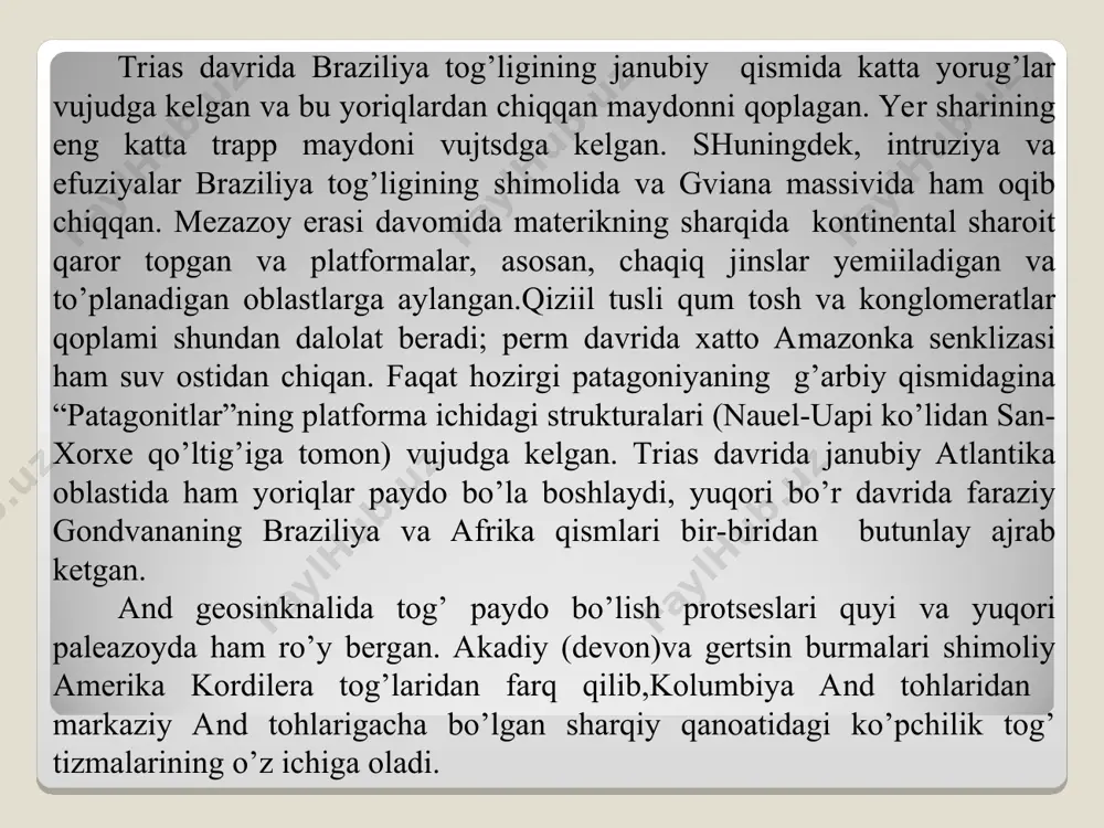 shgan; faqat kambar panama bo’ynigina shimoli - g’arbga qo’shilib, markazi va shimoliy amerikani tutashtirib turuvchi ko’prik xosil qiladi. bepoyon okean suvlari janubiy amerikani boshqa materiklardan (kamida bo’r davridan boshlab) ajratib turadi; panama bo’yni esa pliotsenda to’la shakllangan. janubiy amerika materigining boshqa materiklardan ayrim joylashganligi tabiatining rivojlanish harakteri, ayiqsa, endemiklarga juda boy flora va faunasiga katta taosir ko’rsatgan. janubiy amerikaning maydoni atrofidagi orollar (folklend, galapagos, chili arxipelagi va boshqalar) ni ham qo’shib xisoblaganda salkam 18 mln.km. materikning uzunligi 7150 km va eni 5150 km. maydonning kattaligiga, materik kiyofasiga (shimolda kengayib, janubda torayadi) va rel’efga ko’ra janubiy amerika shimoliy amerikaga o’xshaydi. shimoliy amerikaning ham g’arbiy chekkasi bo’ylab kordil’era tog’lari sistemasi cho’zilgan bo’lib, u har ikkala materikning ham sharqiy qismini tinch okean taosiridan to’sib turadi. materikaning shimoliy chekka nuqtasi galpinas burni 120 25’ sh.k. janubiy cheka nuqtasi frouerd burni 530 54’ j.k., g’arbiy cheka nuqtasi kaabu branku burni 340 46’ g’.u., sharqiy chekka …