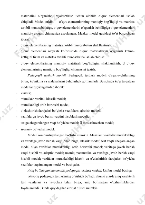 lar murakkabligi ortib boruvchi model; vazifaga javob berish vaqti hisobli va adaptiv model; noaniq matematika va vazifaga javob berish vaqti hisobli model; vazifalar murakkabligi hisobli va o’zlashtirish darajalari bo’yicha vazifalar taqsimlangan model va boshqalar. aniq bo’lmagan matematik pedagogik testlash modeli. ushbu model boshqa ixtiyoriy pedagogik testlashning o’sishida bo’ladi, chunki ularda aniq xarakterli test vazifalari va javoblari bilan birga, aniq bo’lmagan o’xshashliklardan foydalaniladi. bunda quyidagilar xizmat qilishi mumkin: · murakkab vazifalar («oson», «o’rtacha», «yuqori o’rta», «qiyin»); · javoblar to’g’riligi («to’g’ri», «qisman to’g’ri», «ko’proq noto’g’ri», «noto’g’ri»); · javoblar vaqti («kichik», «o’rtacha», «katta», «juda katta»); · yakuniy baholashning to’g’ri javoblari foizlarda («kichik», «o’rtacha», «katta», «juda katta») va boshqalar. aniq bo’lmagan xususiyatlar kirishi o’qituvchilarga testlarni ishlab chiqishda yordam berishi mumkin. masalan, o’qituvchi vazifaning murakkab yoki osonligini yetarlicha tezlikda ajratishi mumkin, biroq 100 balli shkala yoki aniq baholash bo’yicha ikki murakkab vazifaning qiyinligi jihatidan farqini aytish yetarlicha oson bo’lmaydi. o’rganuvchiga testlash natijasida yig’ilgan aniq ballardan …