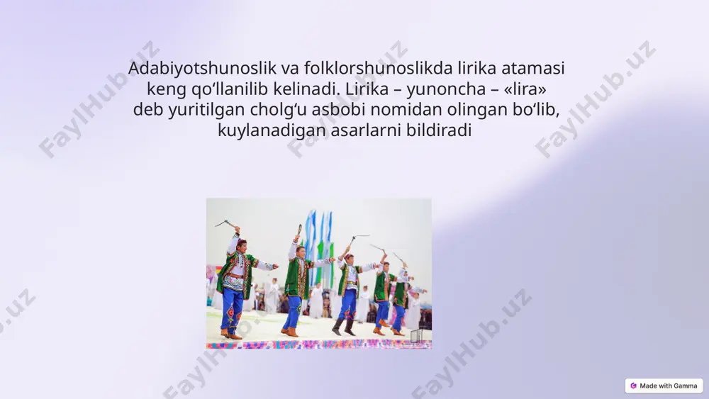 ilgan. keyinchalik davrlar o‘tishi bilan marosim unutilib, faqat qo‘shiq matni qolgan. misol uchun qo‘sh, o‘rim, oblo baraka, ho‘p mayda, yorg‘ichoq qo‘shiqlarini olaylik. qadimda qo‘sh haydash ham, o‘rim ham, oblo baraka ham maxsus marosim sanalgan mehnat qo‘shiqlarining o‘zi ko‘plab a) dehqonchilik bilan bog‘liq qo‘shiqlar (qo‘sh, oblo baraka, yorg‘ichoq qo‘shiqlari), b) chorvachilik bilan bog‘liq qo‘shiqlar (sog‘im qo‘shiqlari: hushey-hushey, turey-turey, churey-churey), v) kasb hunar (charx, bo‘zchi, gilam to‘quvchilar va hokazo) qo‘shiqlaridan tashkil topgan bolalar folklorining janriy tasnifi so‘z va harakatning nisbatiga ko‘ra bularni ikki katta guruhga bo‘lish mumkin: 1.bolalarning maishiy qo‘shiqlari. 2. bolalarning o‘yin folklori. aytim-olqishlar aytim-olqishlar erkalovchi motivdagi rasm-rusum qo‘shiqlari bo‘lib, asosan, bolalarning beshik davriga oid turli-tuman marosimlarda ijro etiladi: -chaqaloq besh va to‘qqiz kunga to‘lganda, -ilk bor cho‘miltirilganda, -beshikka ilk bor va har gal bog‘langanda, -yana qayta ochib olinganda, -ilk bor tish yoriganida, -birinchi marta mustaqil o‘tirganida, -ilk bor oyog‘ida tikka turganida, -birinchi marta odimlaganida, -“toy-toy”laganida, har gal yangi kiyim kiygizganda, …