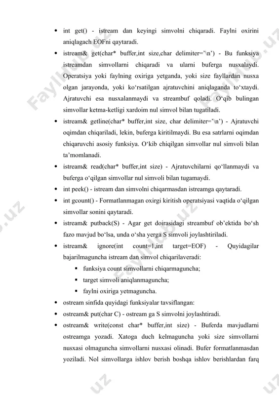 eam) sinfning ob’ekti, o‘ng operandi esa – bu dasturlash tilida ko‘rsatilgan tipdagi ma’lumot. misol: char ch, next, lookahead; while ( cin.get( ch )) { switch (ch) { case '/': // izoxni peek() yordamida tekshirish // agar xa bo‘lsa satr qolganini o‘tkazish next = cin.peek(); if ( next == '/' ) cin.ignore( linesize, '\n' ); break; case '>': // leksemaga tekshirish >>= next = cin.peek(); if ( next == '>' ) { lookahead = cin.get(); next = cin.peek(); if ( next != '=' ) cin.putback( lookahead ); } formatlash ushbu ma’lumotlar uchun cout, cin, cerr, clog standart potoklarga kiritish > operatsiyalarni to‘g‘ridan to‘g‘ri qo‘llash qayta uzatish qiymatlarni tashki tavsiflash aytib o‘tilmagan formatlardan foydalanishga olib keladi. chiqaruvchi axborotni tavsiflash formatlari va ma’lumotlarni qiritishda qabul qilish qoidalari dasturlovchi orqali formatlash bayroqlari yordamida o‘zgartiriladi. bu bayroqlar ios bazaviy sinfdagi xamma oqimlardan meros bo‘lgan. formatlash bayroqlari aloxida qayd etilgan bitlar ko‘rinishida amalga oshirilgan va long …