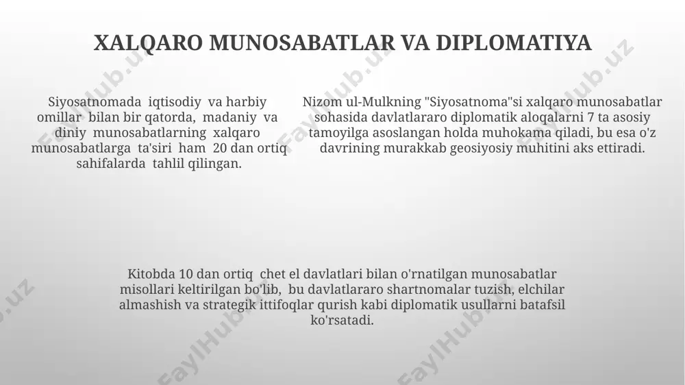 siya etadi. siyosatnamada podshohning 10 ta asosiy vazifasi keltirilgan, ularning 3 tasi xalqning diniy ehtiyojlarini qondirish, ilm-fanni rivojlantirish va adolatli soliq siyosatini o'tkazish bilan bog'liq. podshohning malakali amaldorlarni tayinlash vazifasi, uning davlat boshqaruvida muvaffaqiyatining 50% ini tashkil etadi, deb ta'kidlanadi siyosatnamada. adolatli davlat boshqaruvi nizomulmulkning qarashlarida nizomulmulk "siyosatnoma"sida adolatli davlat boshqaruvi uchun 7 ta asosiy tamoyilni, jumladan, qonun ustuvorligini va hokimiyatning teng taqsimlanishini ta’kidlaydi. nizomulmulkning fikricha, adolatli davlat boshqaruvi uchun xalqning farovonligi, iqtisodiy taraqqiyot va ta’limning rivojlanishi muhim omillar hisoblanadi. siyosatnomada 12 ta vazirlikning samarali faoliyati orqali jamiyatning barcha qatlamlariga adolatli munosabatni ta’minlash mexanizmlari batafsil bayon etilgan. vazirlarning tanlanishi va vazifalari siyosatnama vazirlar o'rtasidagi hamkorlik va muvofiqlashtirishning ahamiyatini ta'kidlaydi, ularning faoliyatini samarali boshqarish uchun 3 ta asosiy qo'mita tashkil etishni taklif qiladi. vazirlarning tayinlanishiga shaxsiy fazilatlar, tajriba va malakalar, shuningdek, o'ziga xos loyiqligini baholash orqali yondashish kerakligi ta'kidlanadi, bu esa kamida 10 yillik davlat xizmati tajribasini nazarda tutadi. nizomulmulk 7 …
