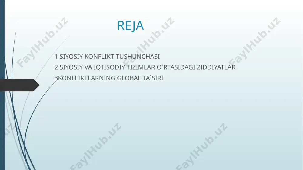 lar, hududiy ajratish va milliy suverebtetini himoya qilish davlatlar o`rtasidagi diplomatik va harbiy ichki siyosiy konfliktlar etnik yoki diniy guruhlar o`rtasidagi nizolar mamlakat ichidagi siyosiy kurashlar fuqarolik urushlari xulosa zamonaviy jamiyat taraqqiyoti sharoitida siyosiy nizolar ularning ajralmas qismidir. deyarli har bitta davlatda har qanday ijtimoiy,siyosiy,iqtisodiy yoki madaniy qarama-qarshilik doimo u yoki bu darajada o`z elementiga ega. albatta , yuqoridagi chora-tadbirlar faqat tegishli mintaqa sharoitiga moslashishni kerak bo`lgan siyosiy xatti-xarakatlar modelini ishlab chiqishni talab etadi. foydalanilgan adabiyotlar 1 dmitriev.a.v. ijtimoiy ziddiyat umumiy va maxsus- m.gardarfikt, 2002-s 219 2 docx.uz\siyosiy-va-diniy-konfliktlar image1.jpeg image2.jpeg /docprops/thumbnail.jpeg