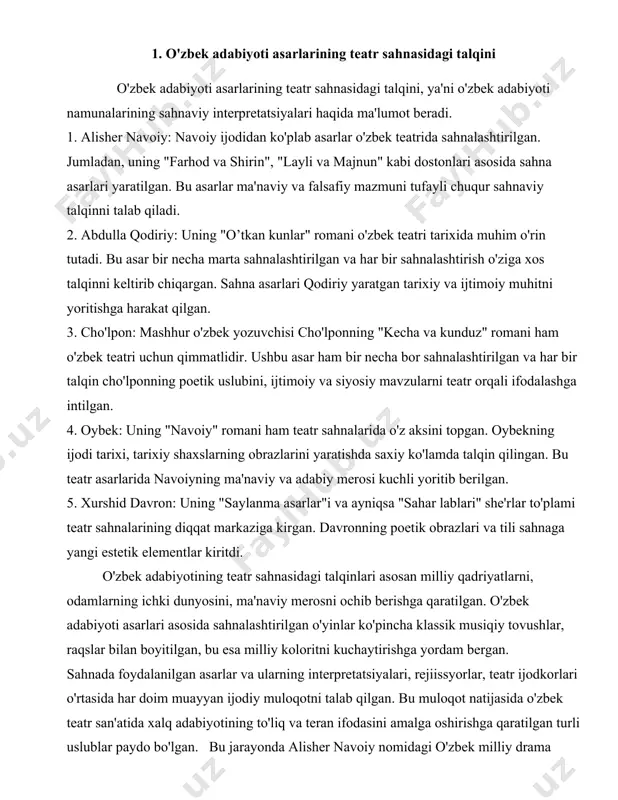 , bu esa milliy koloritni kuchaytirishga yordam bergan. sahnada foydalanilgan asarlar va ularning interpretatsiyalari, rejiissyorlar, teatr ijodkorlari o'rtasida har doim muayyan ijodiy muloqotni talab qilgan. bu muloqot natijasida o'zbek teatr san'atida xalq adabiyotining to'liq va teran ifodasini amalga oshirishga qaratilgan turli uslublar paydo bo'lgan. bu jarayonda alisher navoiy nomidagi o'zbek milliy drama teatri va boshqa teatrlar muhim rol o'ynagan. bu teatrlar sahnaviy talqinlar orqali o'zbek adabiyotining asrlik chuqur merosini zamonaviy auditoriya bilan bog'lashga intilgan. shunday qilib, o'zbek adabiyoti asarlarining teatr sahnasidagi talqini o'zbek xalqining madaniy merosini asrab-avaylash bilan birga, uning jahon tarixi va adabiyotiga qo'shgan hissasini sahnaviy san'at yordamida yoritishga xizmat qilgan. oʻzbek kinosining muboshiri boʻlgan „nasriddin buxoroda“ (1943, rejissyor y. protazanov) filmi xalq mavzusining haqiqiy imkoniyatlarini ochib berdi, tasviriy vositalar qatorini qanday chiroyli va ifodali qurish mumkinligini koʻrsatdi, yuqori darajadagi ijro uslubini oʻrgatdi. „tohir va zuhra“ (1945, rejissyor n. gʻaniyev) filmi xalq ertaklari asosida yaratiladigan filmlar chegarasini „buzib“ oʻtgan …