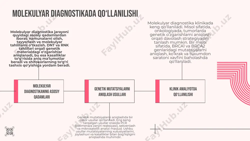 lanishi mumkin, bu esa bemorlar uchun muhim ahamiyatga ega. biomarkerlar yordamida individual davolash strategiyalarini ishlab chiqish va bemorlarning hayot sifatini oshirish mumkin. photo by element5 digital on unsplash biomarkerlarning turlari va misollari genetik biomarkerlar genetik biomarkerlar dnk yoki rntda joylashgan o'zgarishlar hisoblanadi. ular genetik xastaliklarni aniqlashda muhim rol o'ynaydi, masalan, brca1 va brca2 genlaridagi o'zgarishlar ko'krak saratoni xavfini oshiradi. ushbu biomarkerlar shaxsiylashtirilgan tibbiyotda bemorlarning kasallik xavfini baholashda qo'llaniladi. epigenetik biomarkerlar epigenetik biomarkerlar gen ekspresiyasini tartibga soluvchi o'zgarishlarni ifodalaydi, masalan, metilasyon darajasi. ular atrof muhit ta'sirida yuzaga keladi. epigenetik biomarkerlar saraton kabi kasalliklarni aniqlashda muhim ahamiyatga ega, chunki ular kasallikning rivojlanishini kuzatishda qo'llaniladi. biokimyoviy biomarkerlar biokimyoviy biomarkerlar organizmda ma'lum moddalar darajasini o'lchash orqali kasallik holatini aniqlaydi. misol sifatida, psa (prostata-specifik antijen) prostata saratoni uchun biomarker sifatida ishlatiladi. psa darajasi tahlil qilinib, prostata saratoni xavfini baholashda muhim ma'lumot beradi. biomarkerlar va klinik amaliyot biomarkerlarning roli biomarkerlar genetik xastaliklarning tashxisida va davolanishida muhim …