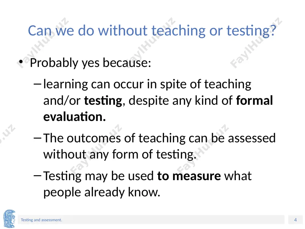of testing is the most common? (2/2) proficiency testing. it is used to measure learners’ general linguistic knowledge, abilities or skills without reference to any specific course. some proficiency tests are intended to show whether students or people outside the formal educational system have reached a given level of general language ability. others are designed to show whether candidates have sufficient ability to be able to use a language in some specific area such as medicine, tourism etc. such tests are often called specific purposes tests. ‹#› testing and assessment. which kind of testing is the least common? (1/2) diagnostic testing, which seeks to identify those areas in which a student needs further help. these tests can be fairly general, and show, for example, whether a student needs particular help with one of the four language skills; or they can be more specific, seeking to identify weaknesses in a student’s …