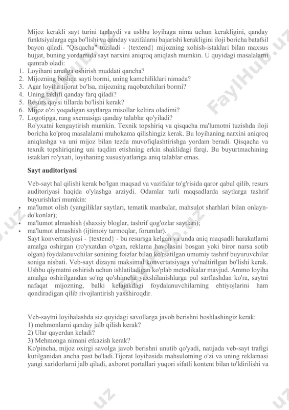 atilgan umumiy tashrif buyuruvchilar soniga nisbati. veb-sayt dizayni maksimal konvertatsiyaga yo'naltirilgan bo'lishi kerak. ushbu qiymatni oshirish uchun ishlatiladigan ko'plab metodikalar mavjud. ammo loyiha amalga oshirilgandan so'ng qo'shimcha yaxshilanishlarga pul sarflashdan ko'ra, saytni nafaqat mijozning, balki kelajakdagi foydalanuvchilarning ehtiyojlarini ham qondiradigan qilib rivojlantirish yaxshiroqdir. veb-saytni loyihalashda siz quyidagi savollarga javob berishni boshlashingiz kerak: 1) mehmonlarni qanday jalb qilish kerak? 2) ular qayerdan keladi? 3) mehmonga nimani etkazish kerak? ko'pincha, mijoz oxirgi savolga javob berishni unutib qo'yadi, natijada veb-sayt trafigi kutilganidan ancha past bo'ladi.tijorat loyihasida mahsulotning o'zi va uning reklamasi yangi xaridorlarni jalb qiladi, axborot portallari yuqori sifatli kontent bilan to'ldirilishi va yangiliklar {textend} doimiy yangilanishi kerak. sayt nafaqat yangi mehmonlarni jalb qilishi, balki unga qayta-qayta murojaat qilishni rag'batlantirishi kerak. veb-sayt dizayni keyingi bosqichda veb-dizayner ishga kirishadi. tipografiya - {textend} samaradorlikni oshirish va loyihani ilgari surishning muhim vositasidir. sayt skeleti bo'lgan shablon yaratiladi. dizayner uni xaridorning grafik elementlari, rang palitrasi va foydalanuvchi …