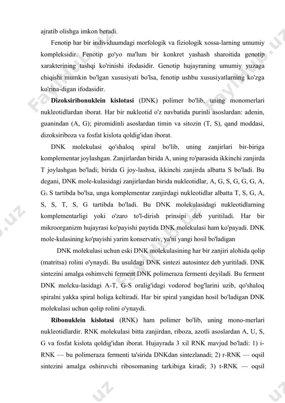 gan dnk molekulasi uchun qolip rolini o'ynaydi. ribonuklein kislotasi (rnk) ham polimer bo'lib, uning mono-merlari nukleotidlardir. rnk molekulasi bitta zanjirdan, riboza, azotli asoslardan a, u, s, g va fosfat kislota qoldig'idan iborat. hujayrada 3 xil rnk mavjud bo'ladi: 1) i-rnk — bu polimeraza fermenti ta'sirida dnkdan sintezlanadi; 2) r-rnk — oqsil sintezini amalga oshiruvchi ribosomaning tarkibiga kiradi; 3) t-rnk — oqsil sintezida i-rnk ga o'z antikodonlari bilan kcrakli amino-kislotalar tashib keladi. ba'zi birviruslarning irsiy moddasi asosida dnk o'rnida rnk ham bo'ladi. bunday viruslar qatoriga gripp, poliamelig viruslari kiradi. mikroorganizmiar xromosomasi. haqiqiy mikroorganizm-larning yadrosida xromosomalar bo'lib, ularda genlar joylashadi. mikroorganizmiar xromosomasidagi genlar galloid to'plamida bo'ladi. ko'p hollarda mikroorganizmlarning yadrosidan tashqari mitoxondriya va suv o'tlarining xloroplastlarida ham genlar bo'lib, ular nazorat qiladigan belgilar bir tomonlama, sitoplazmatik usulda avloddan-avlodga uzatiladi. yadrosi shakllanmagan mikroorganizmlarning xromosomasi doira shaklida bo'lib, ular bitta, bir-biriga bog'langan genlar tizimini tashjdl qiladi. plazmid. bakteriya hujayrasida halqasimon xromosomadan tashqari molekulyarog'irligi ] …