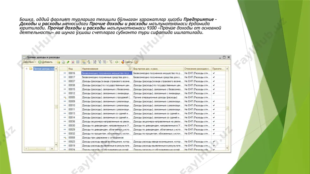 елгилаш имконини беради; по организациям и пользователям/группам пользо¬вателей – ташкилотлар учун фойдаланувчилар ва фойдаланувчи гуруҳлари кесимида ҳар хил тақиқлаш саналарини белгилаш имконини беради. агарда фойдаланувчи бирнечта фойдаланувчилар гуруҳларига кирадиган бўлса, чекловчи сана сифатида белгиланган саналарнинг энг ками олинади. маълумотларни ўзгартиришни тақиқлаш механизмидан фойдаланиш ҳолатида тақиқлаш санасигача бўлган давр ҳужжатини ўтказишга (ўтказилишини бекор қилиш ёки қайта ўтказиш) ҳаракат қилинса, экранда «редактирование данных этого периода запрещено. изменения не могут быть записаны» огоҳлантириш хабари пайдо бўлади. ҳисобнинг долзарблик санаси маълумотлар базасига янги ҳужжатларни киритиш ва уларни ўтказиш бўйича ишлар қуйидаги сабабларга кўра анча секинлашиши мумкин: маълумотлар базасидаги ахборотларнинг кўпайиб кетиши ҳолларида; ҳисобнинг юқори даражада тафсилланиши, масалан, партиялар ҳисобидан фойдаланиш ёки контрагентлар билан ҳисоб-китобларнинг ҳужжатлар бўйича тафсилланиши; оператив ишларни тезлаштириш мақсадида сервис – универсальные обработки - управ¬ление датой актуальности учета менюсидаги дата актуальности учета шаклидан фойдаланиш мумкин ушбу шаклда ташкилот ва маълум санадан кейинги ҳужжатлар ўтказилмайдиган сана белгиланади. шундан кейин кўрсатилган санадан кечроқ санадаги …