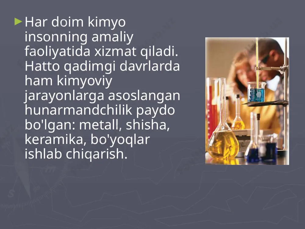 lardan foydalaniladigan qishloq xoʻjaligida kimyo alohida ahamiyatga ega. kimyoviy usullarning qishloq xo‘jaligida qo‘llanilishi agrokimyo, biotexnologiya kabi bir qancha turdosh fanlarning paydo bo‘lishiga olib keldiki, ularning yutuqlari hozirgi kunda qishloq xo‘jaligi mahsulotlari yetishtirishda keng qo‘llanilmoqda. e’tiboringiz uchun raxmat image1.jpeg image2.jpeg image3.jpeg image4.jpeg image5.jpeg image6.jpeg /docprops/thumbnail.jpeg