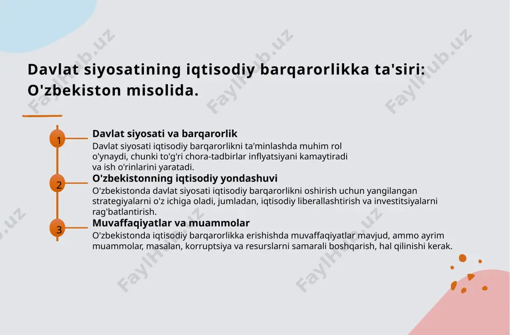 2 muammolar regulyator tizimlarida mavjud muammolar, masalan, ortiqcha byurokratiya va qonunlarning murakkabligi, investorlarning ishonchini pasaytiradi va iqtisodiy o'sishni sekinlashtiradi. 3 yechimlar muammolarni hal qilish uchun regulyator tizimlarni soddalashtirish, shaffoflikni oshirish va investorlar bilan samarali muloqot o'rnatish zarur, bu esa iqtisodiy o'sishni tezlashtiradi. xulosa 1 davlat siyosatining roli davlat siyosati iqtisodiy o'sishda muhim rol o'ynaydi, chunki u investitsiyalar va innovatsiyalarni rag'batlantiruvchi muhit yaratadi. 2 barqaror o'sish uchun strategiya iqtisodiy barqarorlikni ta'minlash uchun davlat dasturlari va strategiyalari doimiy ravishda yangilanib, iqtisodiy o'sishni qo'llab-quvvatlashi zarur. 3 regulyator tizimlarining ahamiyati regulyator tizimlarining samarali ishlashi iqtisodiy rivojlanishni ta'minlaydi, shu bilan birga, o'zbekistonning global iqtisodiyotdagi o'rnini mustahkamlaydi. image1.png image2.png image3.png /docprops/thumbnail.jpeg