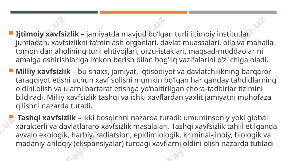 hisoblanadi. ammo, bugungi kunda ijtimoiy ong shakli hisoblangan bu tushunchadan turli maqsadlar yo‘lida foydalanish ortib bormoqdaki, natijada inson omiliga qarshi kurashda din birlamchi vosita bo‘lib qolmoqda. shu nuqtai nazardan olib qaraganda diniy tahdid bu – diniy g‘oya va mafkuralar bilan niqoblangan yovuz niyatli kuchlar o‘rtasidagi manfaatlar tuqnashuvi demakdir. bugungi kunda dunyoda mohiyati va udumlar shakliga ko‘ra turli ko‘rinishdagi diniy qarashlar mavjud bo‘lib, ularning umumiy soni ikki yuzga yaqindir. aynan mana shu bo‘linish sabab turli-xil ziddiyatlar, qarama-qarshiliklar yuzaga kelib, inson ruhiyatiga sokinlik, xotirjamlik, ma’naviy madad berish uchun asrlar osha shakllanib kelgan «din» – azob beruvchi, ma’naviy qashshoqlik sari harakatlantiruvchi vosita bo‘lib qolmoqda. savol: insonni ma’naviy kamolot sari etaklovchi, uning qalbida yaxshi va yomon (savob va gunoh, halol va harom) tushunchalarini uyg‘otish uchun asrlar osha shakllanib kelgan bu fenomenga nisbatan bunday (salbiy) tamg‘alarning bosilishiga kim yoki nima sabab bo‘lmoqda? birinchidan, diniy qarashlar o‘rtasidagi bo‘linishning kelib chiqishi. ikkinchidan, diniy e’tiqodning siyosiylashuvi. uchinchidan, din …
