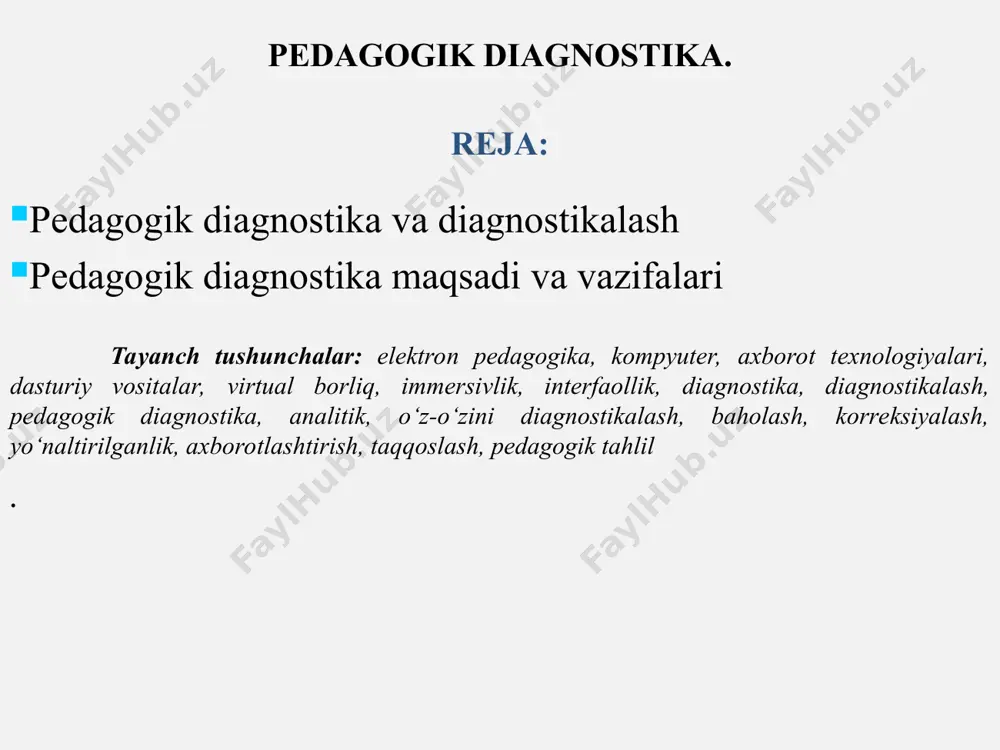 hiqarish, baholash va yanada takomillashtirish yuzasidan tavsiyalar berish bilan shug‘ullanadi” diagnostika (yunoncha “dia” shaffof “gnozifi” – bilim) degan ma’noni bildiradi. o’rganilayotgan ob’ekt yoki jarayon to’g’risida aniq ma’lumot olishning umumiy vositasi bo’lib xizmat qiladi. pedagogik diagnostika atamasi ilk bor 1968 yilda nemis olimi karlxaynts ingenkamp tomonidan fanga kiritildi. pedagogik diagnostikaning psixologik diagnostikadan farqi. diagnostika – ta’lim jarayonida pedagogning o’zi tashxis ishlarini olib boradi. tashxislash psixologiyada tashqi eksport tomonidan olib boriladi. diagnostik muloqotga qo’yiladigan talablar. tashxis qiluvchi (pedagogik) ta’lim jarayoni tabiiy pedagogik shart-sharaoitlarda tadqiq qilinadi. tashxis qiluvchi (psixologik) suniy pedagogik shart-sharaoitlarda tadqiq qilinadi. nimani o’rganadi. pedagogik ta’sir (pedagogik) o’tkazish natijasida shaxs imkoniyatlari va sifatlarining o’zgarishi xolati. tashxis o’tkazilayotgan (psixologik) paytda sinaluvchining xolati o’rganiladi. nima uchun qo’llaniladi. nafaqat (pedagogik) tashxis qo’yish balki pedagogik jarayonda tabsiya va takliflar kiritib amalda qo’llash uchun o’rganiladi. tavsiyalar (psixologiyada) ishlab chiqarish uchun o’rganiladi. pedagogik diagnostika - bu pedagogning o’quv-tarbiyaviy jarayonni tashxislashda individual-malakaviy sifatlarini belgilovchi, shaxsning ijodiy taraqqiy topishida …