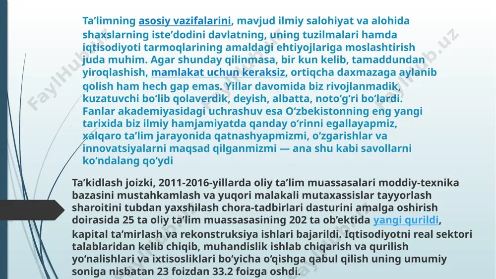 ni mustahkamlashga keng eʼtibor qaratib kelmoqda. bu borada olimlarni, ayniqsa, yosh olimlarni har tomonlama qoʻllab-quvvatlab, ularning uy-joy va maishiy sharoitlarini yaxshilash gʻoyalarini ilgari surmoqda. umuman aytganda, davlatimiz rahbari tomonidan ilm-fan sohasi va ilmiy-tadqiqot ishlarining kelgusi 10 yillikda moliyalashtirish hajmini kengaytirish va moliyalashtirish manbalarining maqsadli parametrlariga erishish boʻyicha kompleks chora-tadbirlar belgilab berildi. xulosa qilib aytganda barcha e’tibor, barsha shart sharoitlar hammasi yoshlar uchun. axir o‘zbekiston kelajagi yoshlar qo‘lida. o‘zbekiston yoshlari yangi o‘zbekistonning poydevorlari hisoblanadi ashurmurodova mahzuna miryahyoyeva elmira ahmedova arofat image1.jpeg image2.png image3.jpeg image4.jpeg /docprops/thumbnail.jpeg
