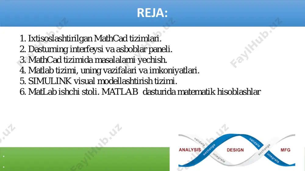 alari mavjud: mathcad 1.0 – 8.0. mathcad 2000-2001i. mathcad 11-15. mathcad prime 1.0-4.0. . . mathcad 2000 ва mathcad 15 версиялари . . mathcad имкониятлари . . mathcad dasturidan quyidagi masalalarni yechishda foydalaniladi. - differensial tenglamalarni yechish, shu jumladan sonli usullar yordamida; - funksiyaning ikki va uch o‘lchovli grafigini qurish;, - vektor va matritsalarni hisoblash; - simvoli hisoblashlarni amalga oshirish; - avtomatlashtirilgan loyihalash tizimlari bilan moslashuvchanligi; - matematik hisoblashlarni soddalashtirish; - integral tenglamalarni hisoblash; - tenglamalar tizimini simvolli yechish. mathcad имкониятлари . . mathcad dasturini o‘rnatish uchun kompyuterga qo‘yiladigan talablar: - 32 va 64 bitli protsesssor; - 1024 mb operativ xotira; - 1,75 gb bo‘sh xotira; - windows xp (sp1, sp2, sp3), windows 7 , windows vista windows 8, windows 10 operatsion tizim; https://ru.wikipedia.org/wiki/windows_xp https://ru.wikipedia.org/wiki/windows_7 mathcad . . mathcad - o‘z ichiga yillar ichidagi matematikaning rivojlanishi natijasida yig‘ilgan tajribalar, qoidalar va matematik hisoblash usullarini olgan. uning yordamida o‘zgaruvchi va o‘zgarmas …