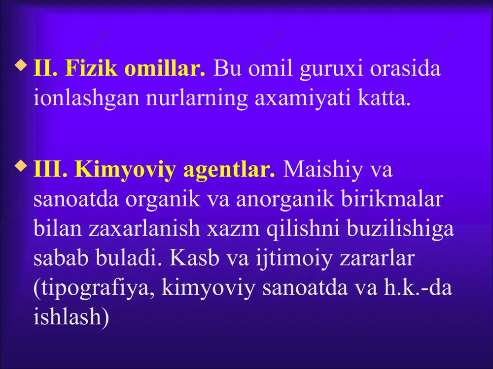 llik kavatini ecl – xujayralarini kupayishi (karsinoid sindromli bemorlarda). me’da shillig’i me’da shillik kavatining kushimcha xujayralari tomonidan ajraladi. me’da shilligi tarkibiga glikozaminoglikanlar va glikoproteidlar qiradi. n-atsetilneyramin kislotasi me’da shilligi tomonidan me’da shillik kavatini o’rab oluvchi suvda erimaydigan viskoz koplama xosil qilish xususiyatini ta’minlaydi. me’da shillig’ini xosil bo’lishi uzluksiz amalga oshadi. adreno- va xolinoretseptorlarni ko’zg’alishi, prostoglandinlar shillik xosil bulishiga stimullovchi ta’sir ko’rsatadi. shillik xosil bo’lishida lizosomalarni stabilligi muxim rol o’ynaydi. lizosomalarni gidrolazalari glikoproteinlarni degidratatsiyasini chaqiradi. me’da gipersekretsiyasi uchun xarakterli: 1) naxorda va ovqat iste’mol qilgandan keyin me’da shirasini mikdorini oshishi; 2) giperatsiditas va giperxlorgidriya – me’da shirasida ummumiy kislotalik va erkin xlorid kislotaning miqdorining oshishi; 3) me’da shirasining xazm qilish xususiyatining oshishi me’da gipersekretsiyasida ovqat xazm bo’lishini buzililishlari 1) ichaklarga kam ovqat maxsulot tushganligi uchun ularda peristaltika buziladi va kabziyat rivojlanadi; 2) bijg’ish jarayoni kuchayishi tufayli me’dada gazlarni xosil bulishi kuchayadi. bu zarda kaynash va kekirishni paydo bo’lishini chakiradi; 3) me’da …