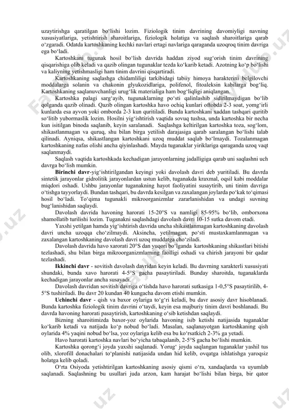 qalanishi to‘xtaydi. urug‘lik sabzini 0,5-1,5°s haroratda saqlash uning sifatli saqlanishini ta’minlaydi. saqlashga qo‘yiladigan sabzilarning bargi o‘zak doirasi to‘g‘risidan, kavlangan kuniyoq pichoq bilan kesib tashlanadi, chunki bargi bilan turib qolsa uning suvi qochadi, so‘liydi va keyinchalik uncha yaxshi saqlanmaydi. barglardan tozalangan sabzilar o‘lchamiga qarab saralanadi va ayni vaqtda qishda saqlashga yaroqsiz, ya’ni yetilmagan, yorilgan, shikastlangan sabzilar ajratib olinadi. xosilni kavlash, saralash va tashish vaqtida ularni urintirmaslikka, shikastlantirmaslikka xarakat qilish lozim, aks xolda ular yaxshi saqlanmayda. sabzi saqlanish joyiga yashiklarda keltirilsa, kam zararlanadi. sholg‘om, turp va xo‘raki lavlagi saqlash. bahorda ekilgan ildizmevalar iyun-iyul oylarida, ildizmevasi shu navning o‘ziga xos kattalikka yetganida kavlanadi. yozda ekilgan ildizmevalar noyabr oyida sovuq tushmasdan yig‘ishtirib olinadi. dastlab sovuqqa chidamsiz, ildizmevasi tuproqqa chuqur kirmaydigan ekinlarning hosili kavlanadi. ko‘pincha oldin lavlagi, keyin sholgom, turp hosili yig‘ishtirib olinadi. kavlab olingan ildizmevalar tuproqdan va barglardan tozalanadi, katta-kichikligiga qarab saraladi. bunda shikastlangan va zararlangan ildizmevalar tashlanadi. ildizmevalar dalada xandaq va maxsus omborlarda, …