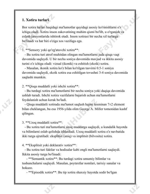 ayon davomida axborot uzluksiz ravishda yangilanib turmasa, u yo‘qolib ketishi mumkin. qisqa muddatli xotiraning hajmi ham cheklangan. ko‘pgina ilmiy izlanishlar asosida millerning "yetti raqamli raqamlar" qonuni shakllantirilgan, unga ko‘ra, inson qisqa muddatli xotirasida bir vaqtning o‘zida taxminan 7±2 birlik axborotni saqlay oladi. bu birliklar, masalan, raqamlar, harflar yoki so‘zlar bo‘lishi mumkin. qisqa muddatli xotira jarayonlari frontal va parietal miya qismlarida, ayniqsa prefrontal korteksda amalga oshiriladi. bu jarayonlar turli neyrotransmitterlar, xususan, dopamin va noradrenalin bilan bog‘liqdir. har bir tur xotirani saqlash va qayta ishlash uchun o‘zining aniq neyroanatomik yo‘llariga ega. ishlash xotirasi — qisqa muddatli xotiraning bir qismi bo‘lib, u axborotni saqlash bilan birga, uni qayta ishlash imkoniyatini ham ta’minlaydi. bu xotira turi ta’lim jarayonlari va kundalik vazifalarni bajarishda muhim ahamiyatga ega. ishlash xotirasi baddley va hitch tomonidan ishlab chiqilgan model asosida tushuntiriladi, unda jismlar xotirasi, takrorlash qog‘ozi va markaziy ijrochi element kabi komponentlar mavjud. sarlavhalar va matnni qayta o'qib, katta …