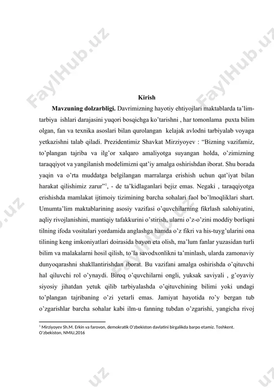 qiy tafakkurini o’stirish, ularni o’z-o’zini moddiy borliqni tilning ifoda vositalari yordamida anglashga hamda o’z fikri va his-tuyg’ularini ona tilining keng imkoniyatlari doirasida bayon eta olish, ma’lum fanlar yuzasidan turli bilim va malakalarni hosil qilish, to’la savodxonlikni ta’minlash, ularda zamonaviy dunyoqarashni shakllantirishdan iborat. bu vazifani amalga oshirishda o’qituvchi hal qiluvchi rol o’ynaydi. biroq o’quvchilarni ongli, yuksak saviyali , g’oyaviy siyosiy jihatdan yetuk qilib tarbiyalashda o’qituvchining bilimi yoki undagi to’plangan tajribaning o’zi yetarli emas. jamiyat hayotida ro’y bergan tub o’zgarishlar barcha sohalar kabi ilm-u fanning tubdan o’zgarishi, yangicha rivoj topishiga sabab bo’ladi. o’zbekistonning o’z istiqloliga erishishi o’zbek tilshunosligining rivoji va uning taraqqiyoti yo’llarini belgilab berishda, o’rganishda yangi davr ochdi. shu bois mamlakatimizning istiqlol yo’lidagi birinchi qadamlaridanoq buyuk ma’naviyatimizni tiklash va yanada yuksaltirish millat ta’lim-tarbiya tizimini takomillashtirish, uning milliy zaminini mustahkamlash, zamon talablari bilan yo’naltirish asosida jahon andozalari va ko’nikmalari darajasiga chiqarish maqsadiga katta ahamiyat berib kelinmoqda. bizning tanlagan malakaviy bitiruv ishimizning mazmuni …