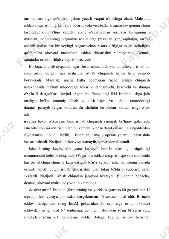 arsa ishlab chiqarmasa ham amalga oshiriladi (korxona tomonidan to'lanadi). odatda, doimiy xarajatlarga qimmatli cog’ozlar bo’yicha majburiyatlarning to'lovi, reja to'lovlari, binolar va dastgohlar amortizatsiyasining bir qismi, :sug’urta to'lovlari, korxona mutaxassislarini tayyorlash to'lovlari, rahbar xodimkrga haq to'lashlar kiradi. o’zgaruvchan xaraatlar ishlab chiqariljigan mahsulot hajmining o'zgarishiga bogiiq holda o'zgaiaaigaa х:.гф:!аг m’.qdoriga «o'zgaruvchan xarajatlar» deyiladi. ularga xomashyo, materiallar, yoqilg'i, energiya, truispoit . . raati.r'i, mehnat resurslarining ko'pgina qismi, shunga o'xshash mehnat resurskui uchun xarajatlar . iradi. shuni aytish kerakki, ishlab chiqariladigan mahsulot hajmining bir birlikka o'sishi (yoki kamayishi bilan) o'zgarmas xarajatlar summasining o'sishi (a) doimiy bo'lib qolmaydi, ishlab chiqarishning ko'payishi jarayonida o'zgaruvchan xarajatlar qandaydir vaqt mobaynida past sur'atlar -ilan ortib boradi. bunday holat yangi ishlab chiqarish quvvatlari kiritilishi, uni o'zlashtirilishi bilan •lanadi. bu davrda o'zgaruvchan xarajatlar har bir keyingi ishlab chiqariladigan mahsulot uchun juqori sur'atlarda oshib boradi. bunda foydalilikning kamayib borish qonuni amal qilgan bo'iadi. xaraatlarning umumiy summasi bu iboranii/’ o'z; ko'rsatib turibdiki berilgan …