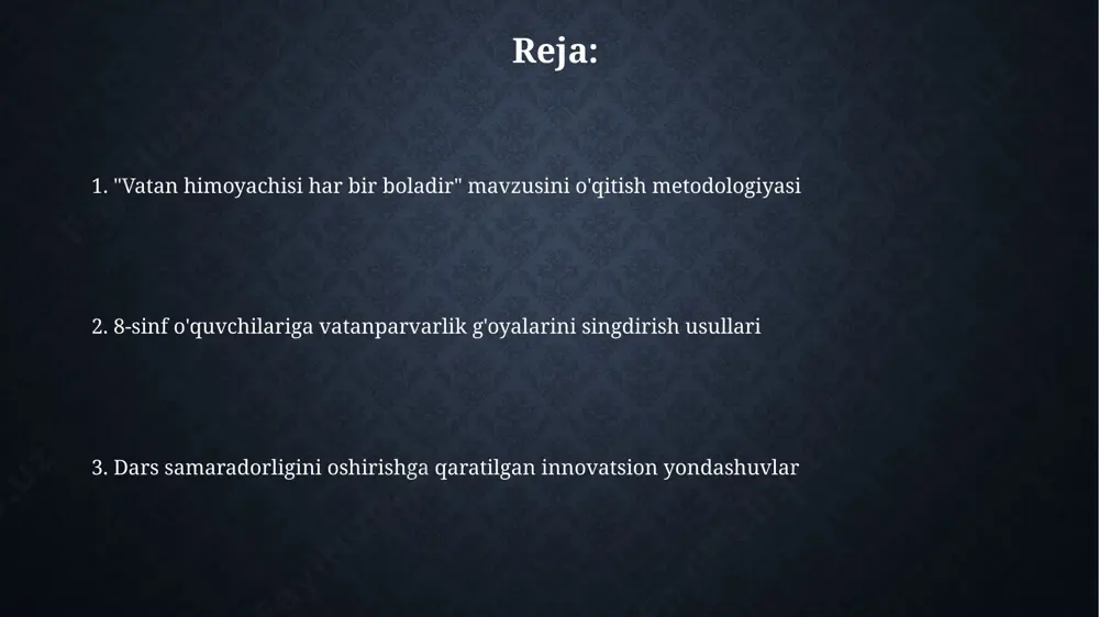 80% samaradorlikni ta'minlaydi. vatanparvarlik tarbiyasida interfaol o'yinlardan, masalan, "vatan himoyachilari" kabi rol o'ynash o'yinlaridan foydalanish 8-sinf o'quvchilarining faol ishtirokini ta'minlaydi va 70% ga yaqin bilim o'zlashtirishini oshiradi. kuzatuv va tahlil natijalari kuzatuvlar shuni ko‘rsatdiki, interfaol usullar (masalan, rollarni o‘ynash, munozaralar) qo‘llanilganda o‘quvchilarning mavzuga qiziqishi 35% ga oshgan. tahlil natijalari dars samaradorligini oshirish uchun ushbu usullarni yanada keng qo‘llash zarurligini ko‘rsatdi. 8-sinf o‘quvchilarining 70% "vatan himoyachisi" mavzusini tushunish darajasi yuqori ekanligi, 20% o‘rtacha va 10% past ekanligi aniqlandi. tahlilda o‘quvchilarning faol ishtiroki va mustaqil fikrlash ko‘nikmalarining rivojlanishiga e'tibor qaratildi. mavzuni o'qitishda qo'llaniladigan zamonaviy pedagogik texnologiyalar mavzu bo'yicha o'quvchilarning faol ishtiroki uchun interfaol o'yinlar, masalan, 5 ta guruhga bo'lib, har bir guruhga vatan himoyachisi mavzusida 3 ta vazifa berish orqali zamonaviy texnologiyalar qo'llaniladi. o'quv jarayonida powerpoint prezentatsiyasi, video-materiallar va internet resurslaridan foydalanish orqali o'quvchilarning bilish faolligini oshirish mumkin. o'quv jarayonini diversifikatsiya qilish 8-sinf o'quvchilariga "har bir bola vatan himoyachisi" mavzusini o'rgatishda interfaol …