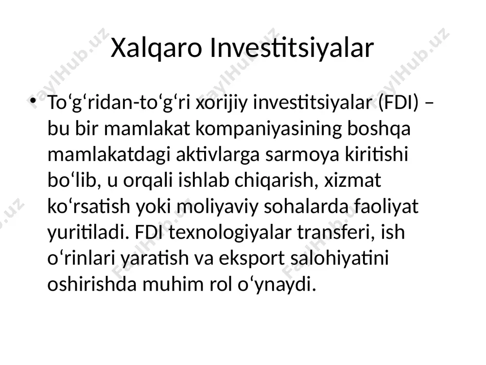 mamlakatlar texnologiyalar, kapital va resurslarga ega bo‘lsa, rivojlanayotganlar ko‘proq mehnat va xom ashyo eksportiga tayangan. tengsizlikni bartaraf etish uchun xalqaro yordam dasturlari amalga oshiriladi. xalqaro iqtisodiy inqirozlar 2008-yilgi moliyaviy inqiroz, covid-19 pandemiyasi kabi voqealar xalqaro iqtisodiy munosabatlarga jiddiy ta’sir ko‘rsatdi. bunday inqirozlar savdoning qisqarishi, ishsizlikning ortishi, valyuta qiymatlarining tushishi va investitsiyalarning kamayishiga olib keladi. o‘zbekistonning xalqaro aloqalari o‘zbekiston ko‘plab davlatlar bilan savdo-iqtisodiy va investitsiyaviy aloqalarni rivojlantirmoqda. asosiy hamkorlar: rossiya, xitoy, qozog‘iston, turkiya va yevropa ittifoqi mamlakatlari. so‘nggi yillarda logistika, energetika, qishloq xo‘jaligi va sanoat sohalarida katta yutuqlarga erishildi. xulosa va takliflar xalqaro iqtisodiy munosabatlar – bu mamlakatlar o‘rtasidagi manfaatlar, hamkorlik va raqobat uyg‘unligidir. har bir davlat o‘zining strategik ustuvor yo‘nalishlarini aniqlab, global iqtisodiyotdan maksimal foyda olishga intilishi kerak. o‘zbekiston uchun diversifikatsiya, innovatsiyalar va barqaror iqtisodiy siyosat ustuvor yo‘nalishlardir. /docprops/thumbnail.jpeg