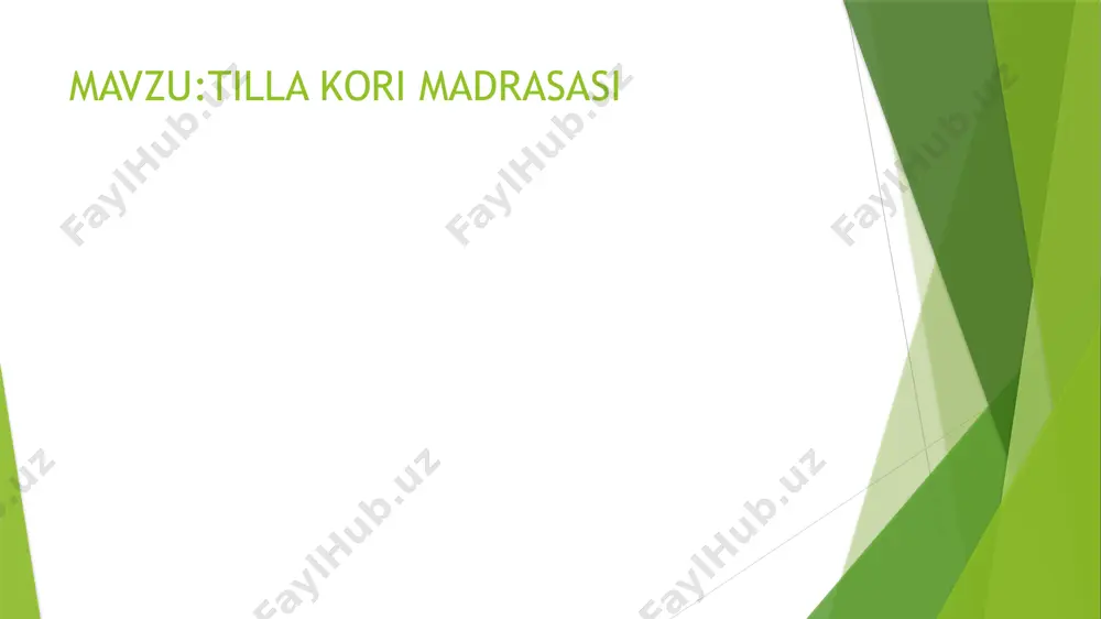yvon (yoʻlak)lar egallagan. peshtoq ravogʻidagi marmar taxtachada bezak ishlari 1659—60 yillarda bajarilganligi yozilgan. tilla qori madrasasi bir necha bor taʼmir qilingan. 1817 yilda amir haydar buyrugʻi bilan zilziladan zarar koʻrgan peshtogʻi qayta tiklanishi jarayonida shakli buzilgan. 1885 yildagi taʼmir vaqtida zarhal naqshlar oddiy boʻyoklar bilan almashtirilgan. tilla qori madrasasida samarqand taʼmirlash ustaxonasi tashkil etilib (1930), koshinlarning qad. rangini topish yoʻlida tadqiqot ishlari olib borilgan. tilla qori madrasasidagi yoʻqolib ketayozgan noyob zarhal naqshlarni ustalar ilmiy oʻrganib, qayta tikladi (1970). binokorlar madrasaning registonga qaragan peshtogʻini sherdor madrasa va ulugʻbek madrasasi bilan moslashtirib qayta qurdi. peshtoq ravogʻi va ravoq ichidagi qalqonsimon bagʻali, guldastasi hamda xonaqoh gumbazi, ichidagi tilla halli boʻrtma naqshlari qayta jilolandi (1974). baland gyuygumbazi ustiga feruza rang koshin bilan qoplangan gumbaz oʻrnatildi. bosh tarzidagi bezak mavzularining boyligi, ichki va tashqi naqshlarning serxashamligi, peshtoq qanosi va tokchasidagi iroqi kashtani eslatuvchi bezaklar, boʻrtma yozuvlar oʻziga xosdir. eshiklar murakkab naqsh va yozuvlar bilan yogʻoch …
