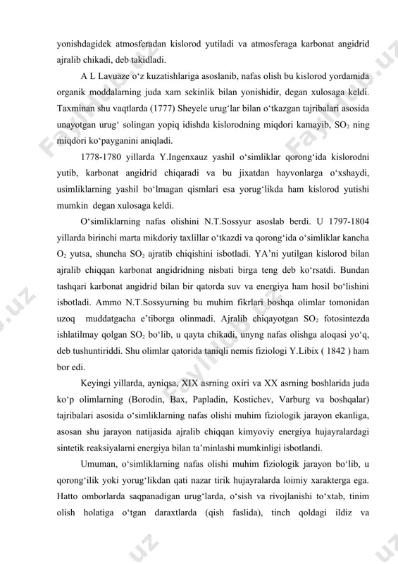 olishi muhim fiziologik jarayon bо‘lib, u qorong‘ilik yoki yorug‘likdan qati nazar tirik hujayralarda loimiy xarakterga ega. hatto omborlarda saqpanadigan urug‘larda, о‘sish va rivojlanishi tо‘xtab, tinim olish holatiga о‘tgan daraxtlarda (qish faslida), tinch qoldagi ildiz va ildizmevalarda, boshqa tirik hujayra va tо‘qimalarda nafas olish tо‘xtamaydi. faqat uning jadalligi past bо‘lishi mumkin. nafas olishning tо‘xtab qolishi organizmning nobud bulishi bilan yakunlanadi. nafas olish koeffitsiyenti о‘simliklarning nafas olish jarayonida ajralib chiqqan karbonat angidridning yutilgan kislorodga bо‘lgan nisbatiga—nafas olish koeffitsiyenti deyiladi (nk): biologik oksidlanish jarayonida uglevodlardan tashqari boshqa organik moddalar (yog‘lar, yog‘ kislotalari, oqsillar va boshqalar) xam ishtirok etishi mumkin. shuning uchun nafas olish jarayonida ishtirok etadigan organik modda turiga qarab nafas olish koeffitsiyentining darajasi ham har xil bо‘ladi. nafas olish jarayonida uglevodlar ishlatilsa, koeffitsiyent birga teng bо‘ladi: s2n1206 + 6 o2 ------------------6so2 + 6n2o + energiya 6so2 nk= —————— = 1 6o2 chunki bir molekula glyukshaning oksidlanishi uchun olti molekula kislorod yutiladi va …