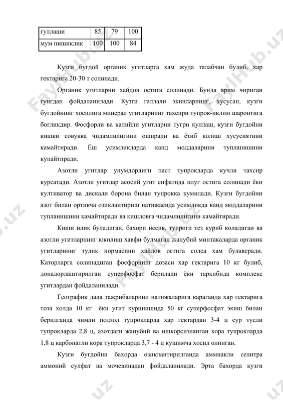 азот ва 40-70 кг фосфор, тоза шудгорда азот 60-1000 кг, фосфор 80-120 кг, калий 60-90 кг, хар гектарига сугорилиб дехкончилик килинадиган шароитда тупрок-иклим шароитини ва агротехник фонларни хисобга олган холда азот 60-120 кг, фосфор 60-90 кг, калий 30 кг солинади. 2. маккажухорини угитлаш. маккажухори хам силос учун хам дон учун хам етиштирилади. маккажухорини дон учун куйидаги минтакаларда етиштирилади. шимолий кавказда марказий коратупрокнинг жанубий кисмида, куйи волга буйида, урта осиё республикаларида. нам етарли булмаган шароитларда маккажухорининг утмишдошлари кузги галлали экинлар ва дон дуккакли экинлар маккажухори озикланиш режимига анча талабчандир. маккажухори яхши хаво алмашинадиган енгил механик таркибли ва нейтрал мухитга эга булган тупрокларда яхши ривожланади. илдизнинг энг куп массаси асосий хайдов катламида жойлашади. маккажухори озик моддаларни бутун вегетация давомида яхни дони думбул булгунга кадар талаб килади. лекин рувак чикаришдан гуллашгача булган даврда озука моддаларни айнпикса куп талаб килади. маккажухори сут пишиклик даврига келиб 90 % озука моддаларни ва 20 % курук мддаларни …