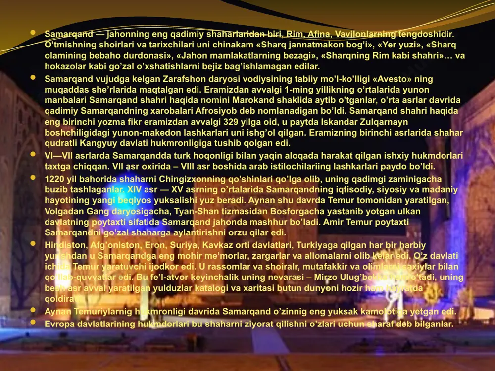 g biridan ikkinchisiga o‘tish haqidagi hisob-kitoblarni o‘z ichiga oladi. ikkinchi bo‘lim sferik va amaliy astronomiya masalalaridan tarkib topib, yoritgichlarning azimutlarini, makkaga tomon yo‘nalishni aniqlash hamda yerda aholi punktlarining geografik uzunlama va kenglamalarini hisoblash usullarini bayon qiladi. bu yerda mazkur jadvallarning tarkibi, ularning ishlatilishiga doir metodik ko‘rsatma va maslahatlar beriladi. uchinchi bo‘lim quyosh, oy va boshqa sayyoralarning harakat nazariyasiga bag‘ishlangan. ularning astronomik uzunlama va kenglamalar bo‘yicha o‘rinlarini aniqlash va u bilan bog‘liq hodisalar, xususan, quyosh va oy tutilishlari haqida gap boradi. nihoyat, to‘rtinchi bo‘lim uncha katta bo‘lmay, "boshqa astronomik ishlar haqida"gi ma'lumotlarga, jumladan, bir necha sahifasi astrologiyaga oid jadvallarga bag‘ishlangan. bular ichida quyoshning yulduzlar fonidagi yillik ko‘rinma harakati nazariyasi bilan bog‘liq muhim astronomik doimiylik-quyoshning yillik ko‘rinma yo‘li tekisligining(ekliptikaning) osmon ekvatori tekisligiga (yer ekvatori tekisligiga parallel tekislik) og‘ish burchagining kattaligi bo‘lib, uni aniqlash bilan o‘rta asr astronomlarining juda katta ko‘pchiligi shug‘ullangan. quyida ularning ayrimlarini tanishtirib, ulug‘bek rasadxonasi erishgan natija bilan solishtiramiz: navoiyning …
