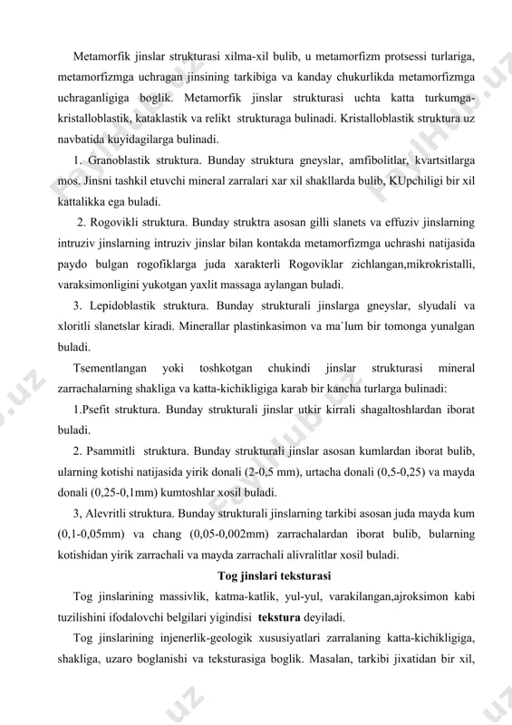 g (0,05-0,002mm) zarrachalardan iborat bulib, bularning kotishidan yirik zarrachali va mayda zarrachali alivralitlar xosil buladi. tog jinslari teksturasi tog jinslarining massivlik, katma-katlik, yul-yul, varakilangan,ajroksimon kabi tuzilishini ifodalovchi belgilari yigindisi tekstura deyiladi. tog jinslarining injenerlik-geologik xususiyatlari zarralaning katta-kichikligiga, shakliga, uzaro boglanishi va teksturasiga boglik. masalan, tarkibi jixatidan bir xil, teksturasi xar xil bulgan ikki gruntning injener-geologik xususiyatlari turlicha bulib, bir-biridan tubdan fark kiladi. tekstura tog jinslarining kanday sharoitda xosil bulganligini ifodolovchi asosiy belgilaridan biri, u jinslarning bir xil emaslik, anizotropik xususiyatlarini kursatadi. tog jinstlarining teksturasining urganishning injenerlik-geologik ishlarda ikki xil axamiyati bor. a) tog jinsining pishikligi va uzgaruvchanligi uning temperaturasiga kura baxolanadi.: b) teksturaga karab laboratoriya ishlari uchun namuna olish va jinslarning fizik-mexanik xossalarining batafsil xarakteristikasini aniklash usullari belgilanadi. tog jinslarining umumiy injenerlik-geologik xususiyatlarini baxolashda boshka belgilari bilan bir katorda ularning teksturasining urganish amaliy axamiyatga ega, tekstura belgilari tog jinslarining amaliy jixatdan muxim bulgan surilish, egmilish, sikilish kabi deformatsiyasining yunalishini va …